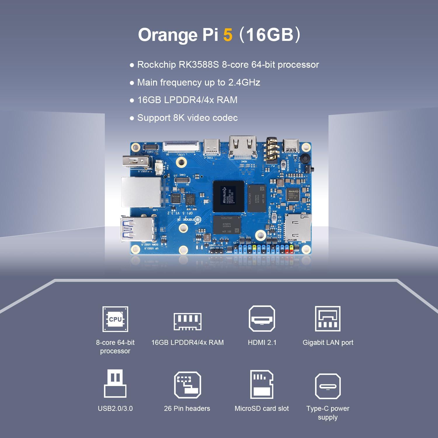 Orange Pi Orange Pi 5 16GB LPDDR4/4X Rockchip RK3588S 8-Core 64 Bit Single Board Computer, Development Board Run Orange Pi/Linux/Ubuntu/Debian/Android OS (16GB)