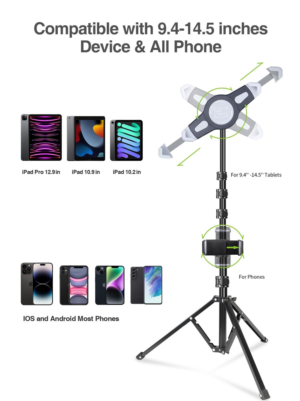 elitehood elitehood Ipad Tripod Stand, 65 Inch Height Adjustable iPad Stand Holder & iPad Floor Stand with 360 Rotating Floor Tablet Tripod Stand for iPad Pro 12.9 11, iPad Air, and All 9.5-14.5 Inch Tablets