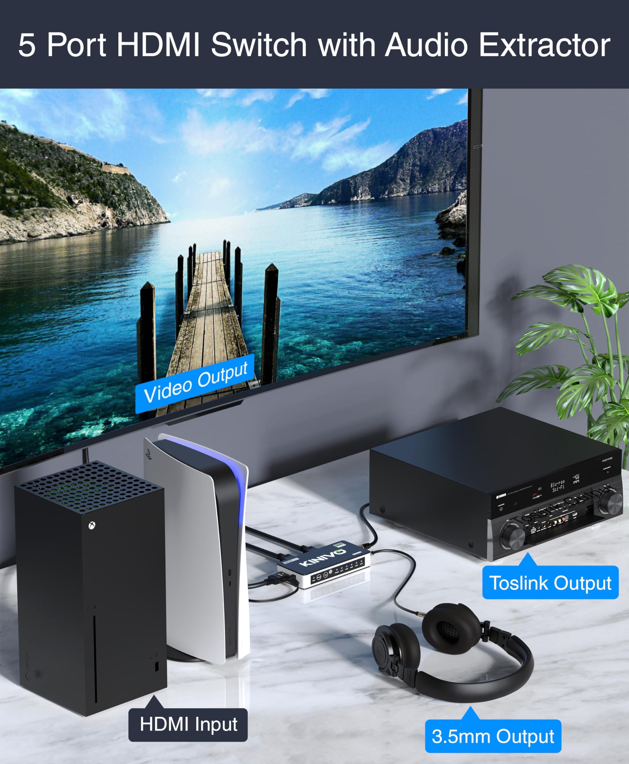 Kinivo Kinivo HDMI Switch with Audio Extractor 560BNT (5 in 1 Out Hub, Toslink Optical Audio Port, SPDIF, 4K 60Hz Switcher, 18Gbps, IR Remote) - Compatible with Gaming Console, Cable TV, PC, Dolby Digital