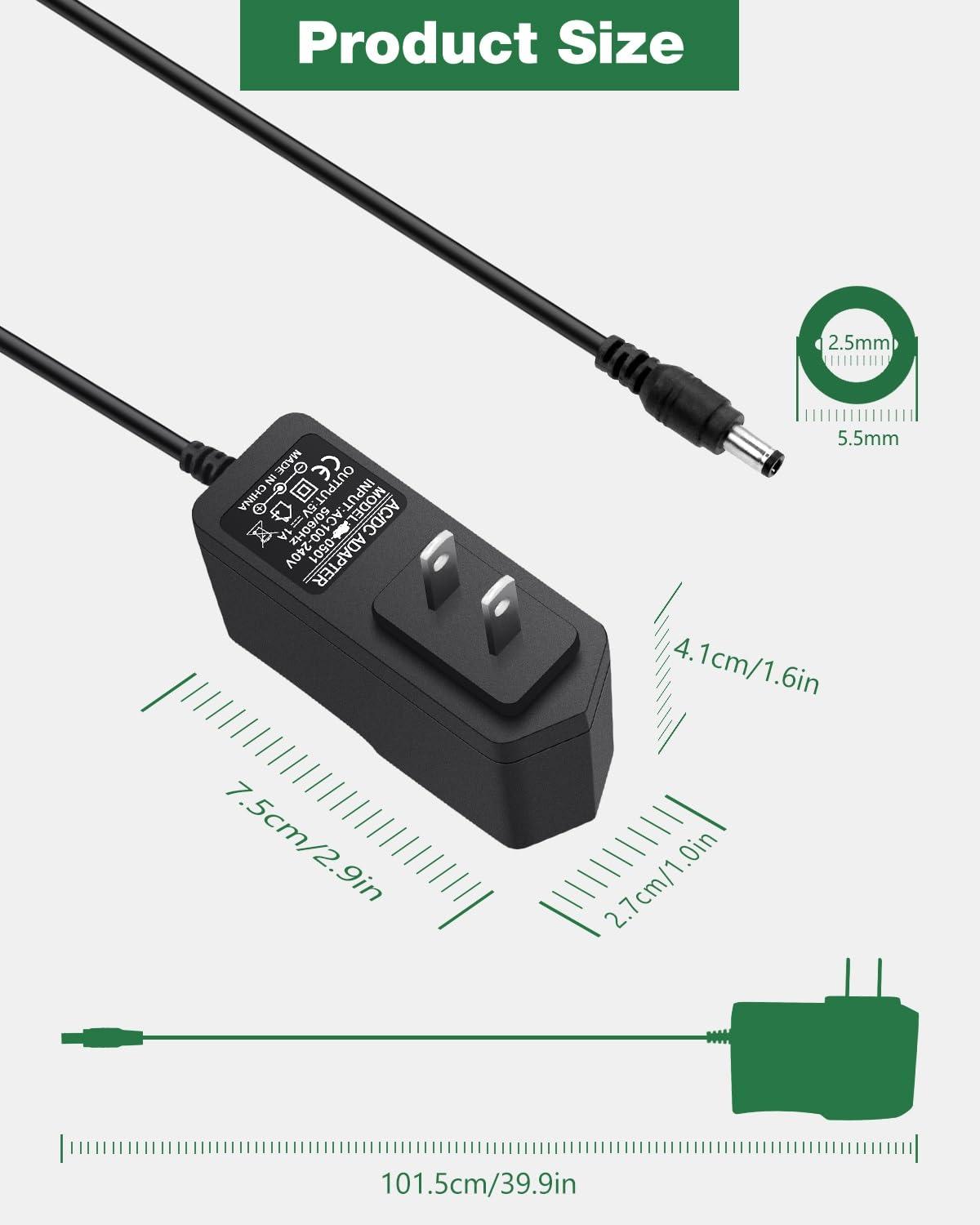 JOVNO 5V 1A DC Power Supply, AC to DC 5Volt 1Amp 0.8A 0.5A 450mA Power Adapter Cord with 5.5x2.5mm Barrel Tip