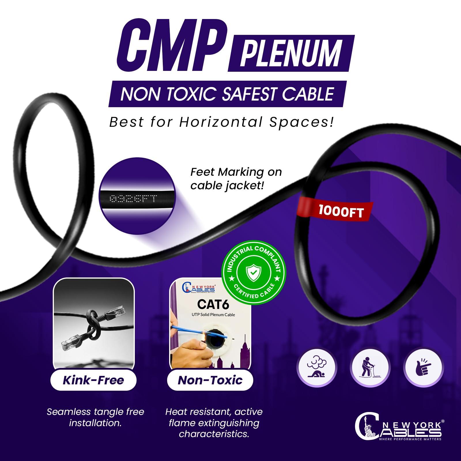 NewYork Cables NewYork Cables | CAT6 Plenum Cable 1000ft (CMP) | UTP, 550MHz, 23AWG, 4Pair UTP 10GB Internet Cable | Quality Tested Bulk Ethernet Cable, for Networking & Gaming (Black)