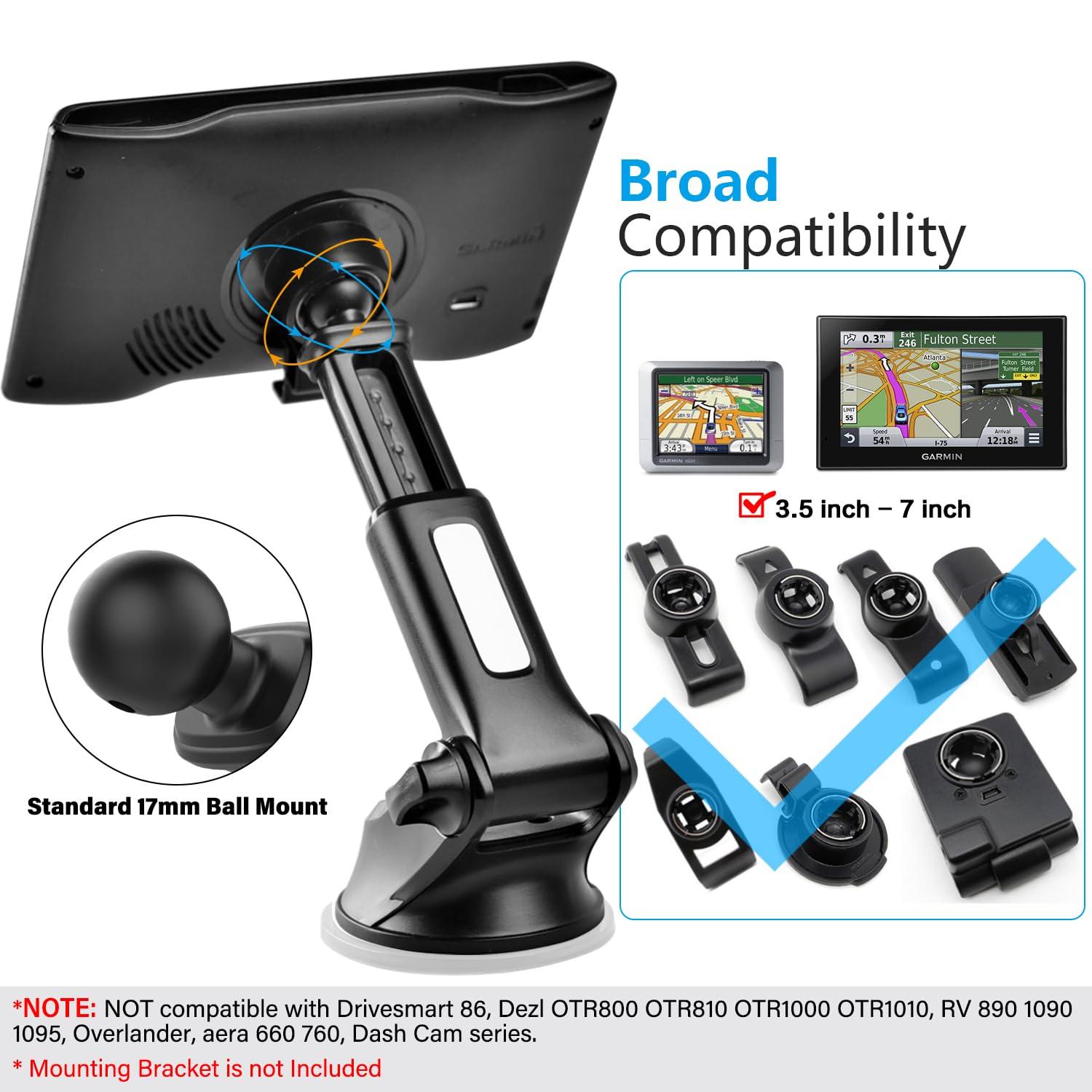 1Zero GPS Suction Cup Mount for Garmin [Quick Extension Arm], Replacement GPS Dash Ball Mount Dashboard Windshield Car Holder for Garmin Nuvi Dezl Drive Drivesmart Zumo Driveassist DriveLuxe StreetPilot RV