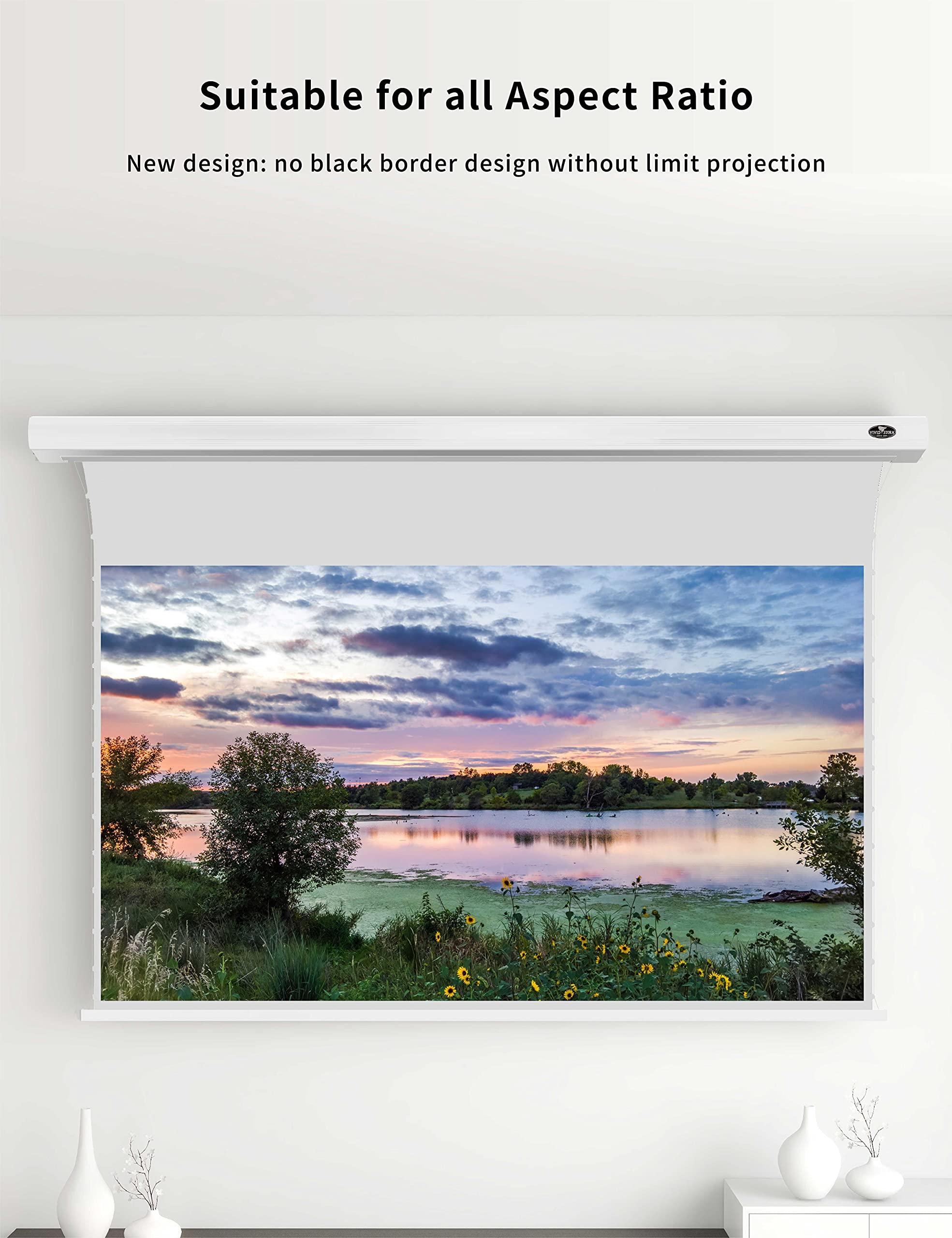VIVID STORM SINCE 2004 VIVIDSTORM-Projector Screen,Slimline Electric Tab-tensioned Drop Down with All White Cinema Screen,Compatible with Normal Projector,VMSLWA84H