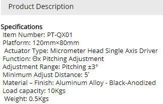 PDV PT-QX01 One-Axis High Load Tilt Platform Precise Manual Tilt Stage Tilt Range: +/- 3 Degree