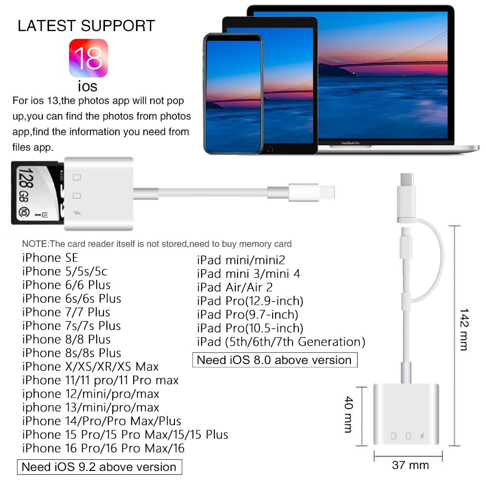 SUNTRSI SD Card Reader for iPhone iPad,Micro SD Card Reader Memory Card Reader Plug and Play Trail Camera SD Card Adapter,Simultaneous Charging and Reading