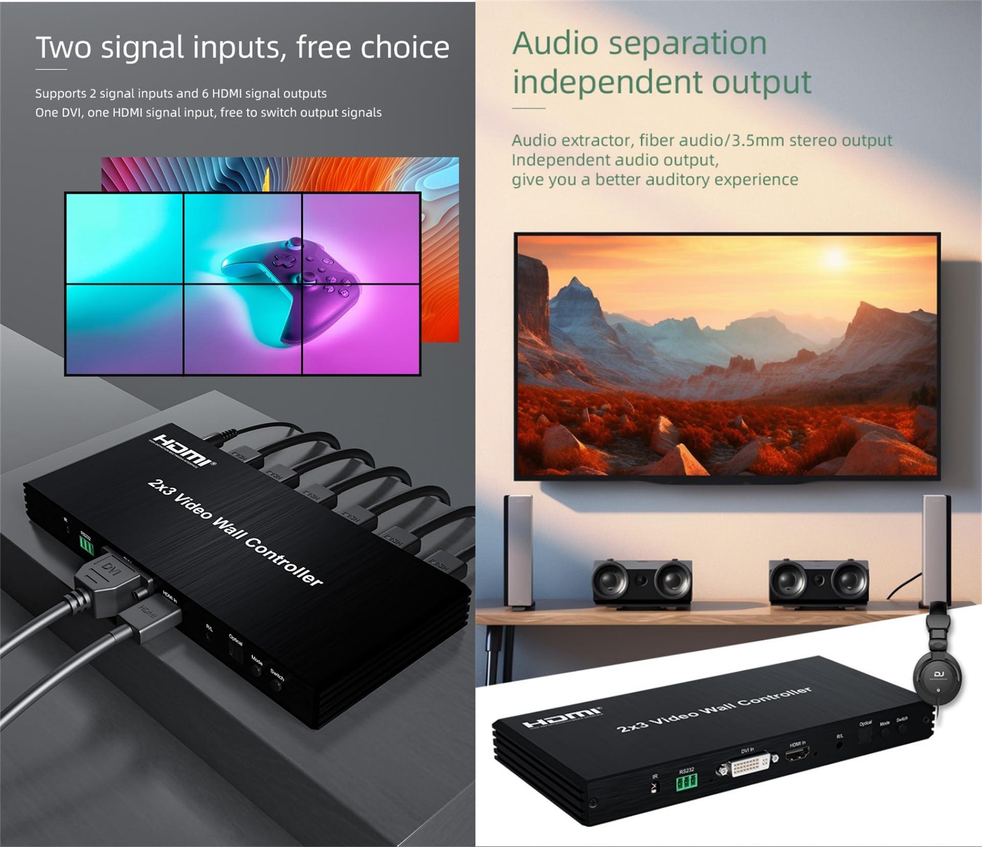 XYKJOBC 2x3 HDMI Video Wall Controller DVI TV Wall Processor with Audio 1080P 60Hz 2x3 2x2 2x1 1x2 3x2 TV Wall 6 Screen Video Wall Stitching Processor TV Splicing Box 180 Degree Rotate