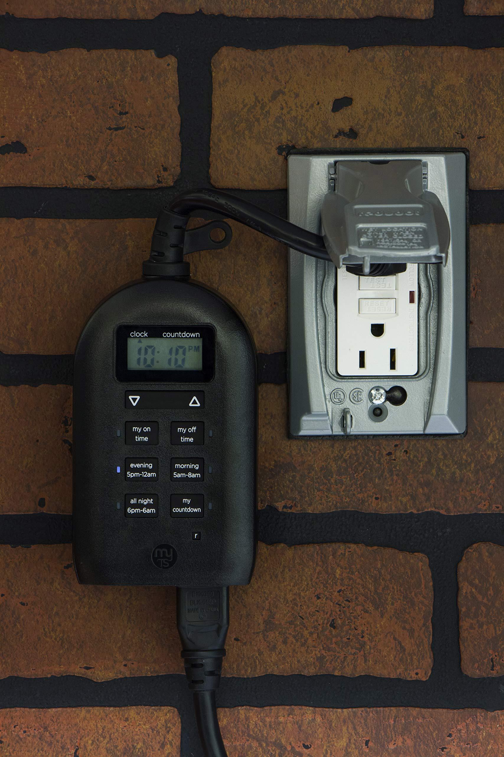 myTouchSmart myTouchSmart Outlet Timer, Dual Plug-in Digital Timer Outlet, Simple Programmable Outlet Timer, Indoor/Oudoor Countdown Timer, Weather Resistant, Seasonal Light Timer, Black, 1 Pack, 26898-P2