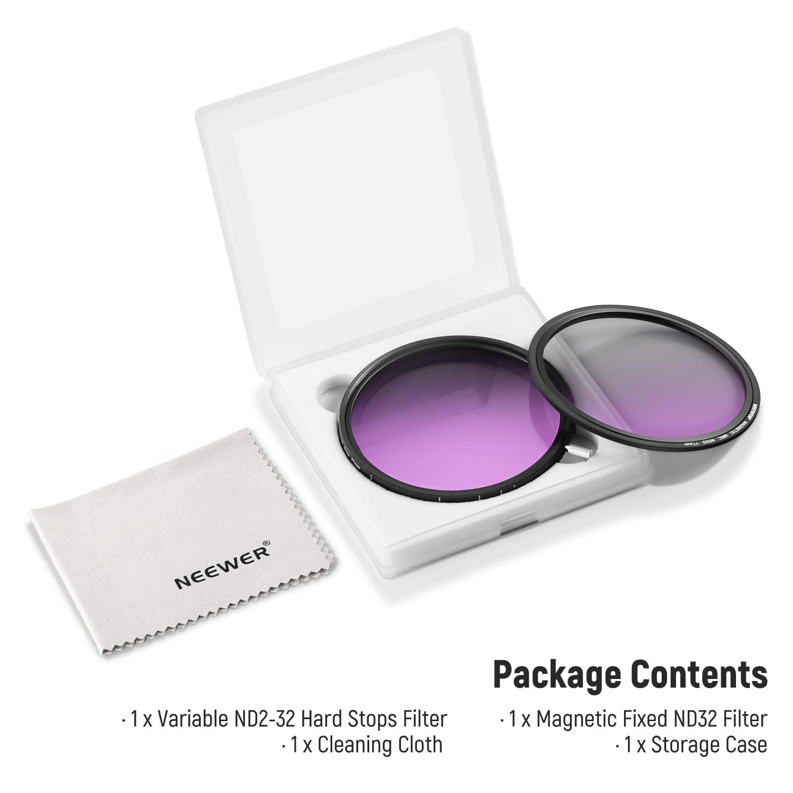 NEEWER NEEWER HD True Colors 77mm Variable ND Filter ND2-512 (1-9 Stops), VND Filter & Magnetic ND32 Lens Filter, Multi Coated Neutral Density Filter, No Color Shift/No X Cross/No Vignetting