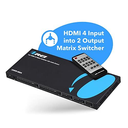 OREI OREI 4K HDMI Matrix Switch 4 X 2, Switcher 18G UltraHD with Arc Supports Upto 4K @ 60Hz & 1080P IR Audio Extractor Arc EDID HDCP 2.- Remote Control - Full Matrix Selection