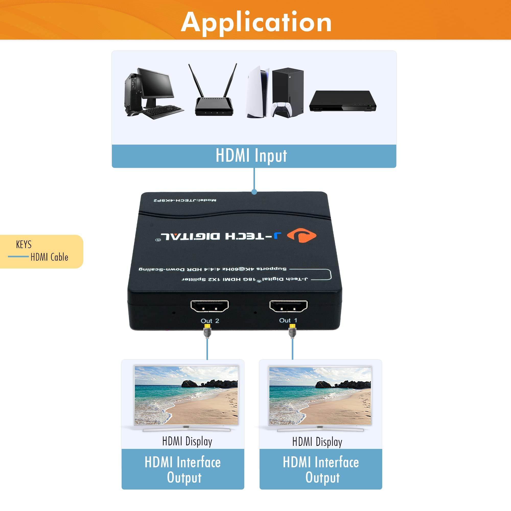 J-Tech Digital J-Tech Digital HDMI Splitter 1 in 2 Out 4K 60Hz Multi-Resolution Output (MRO) HDMI 2.0 Splitter Supports Downscale HDR HDR10 / Dolby Vision 4K@60Hz 4:4:4 HDCP2.3 2.2 (JTECH-4KSP2)