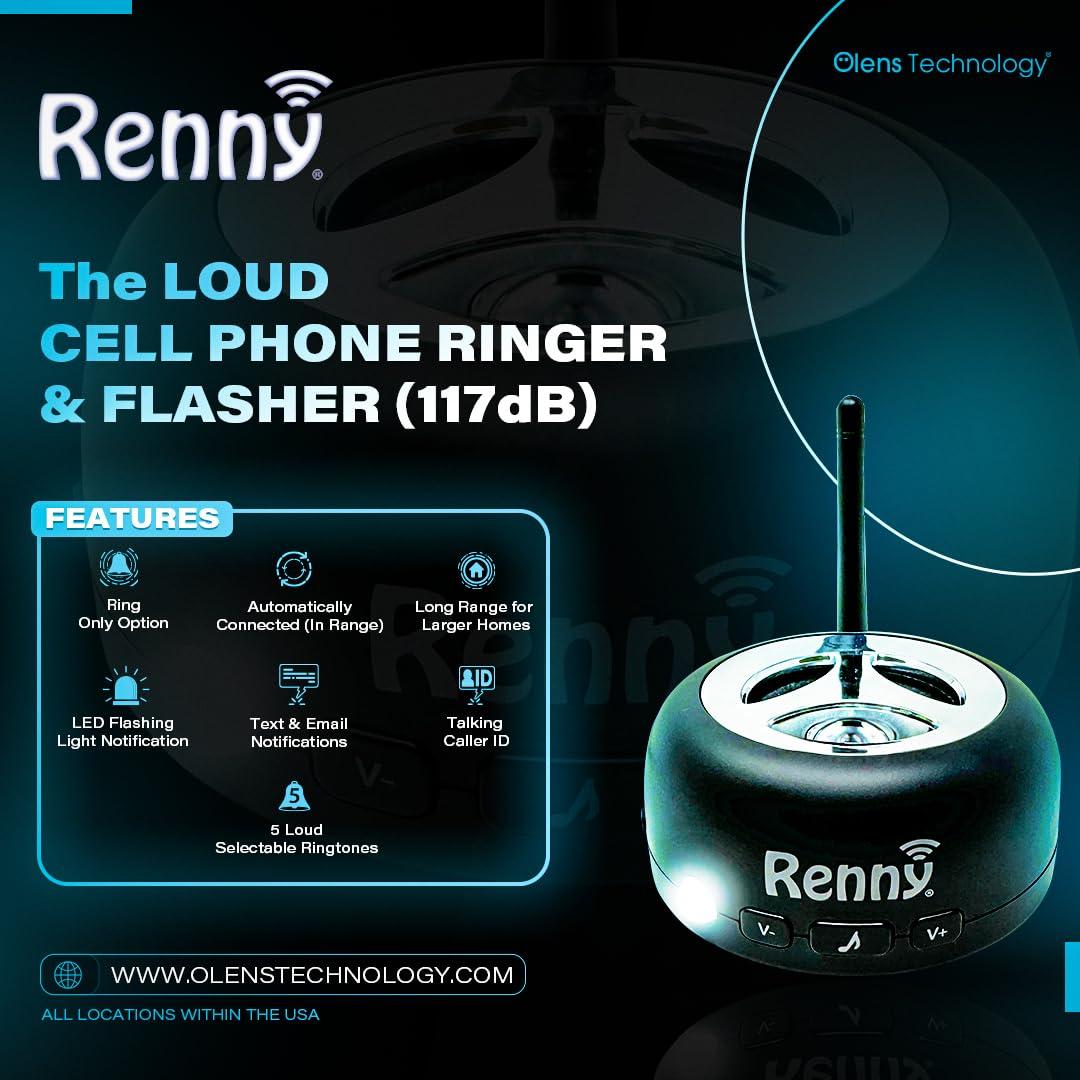 RENNY Renny - The Loud Cell Phone Ringer, Amplifier & Flasher for The Hearing Impaired (117dB) | Auto-Connects Wirelessly via Bluetooth | External Ringtones | Text/Email Notifications | Talking Caller ID