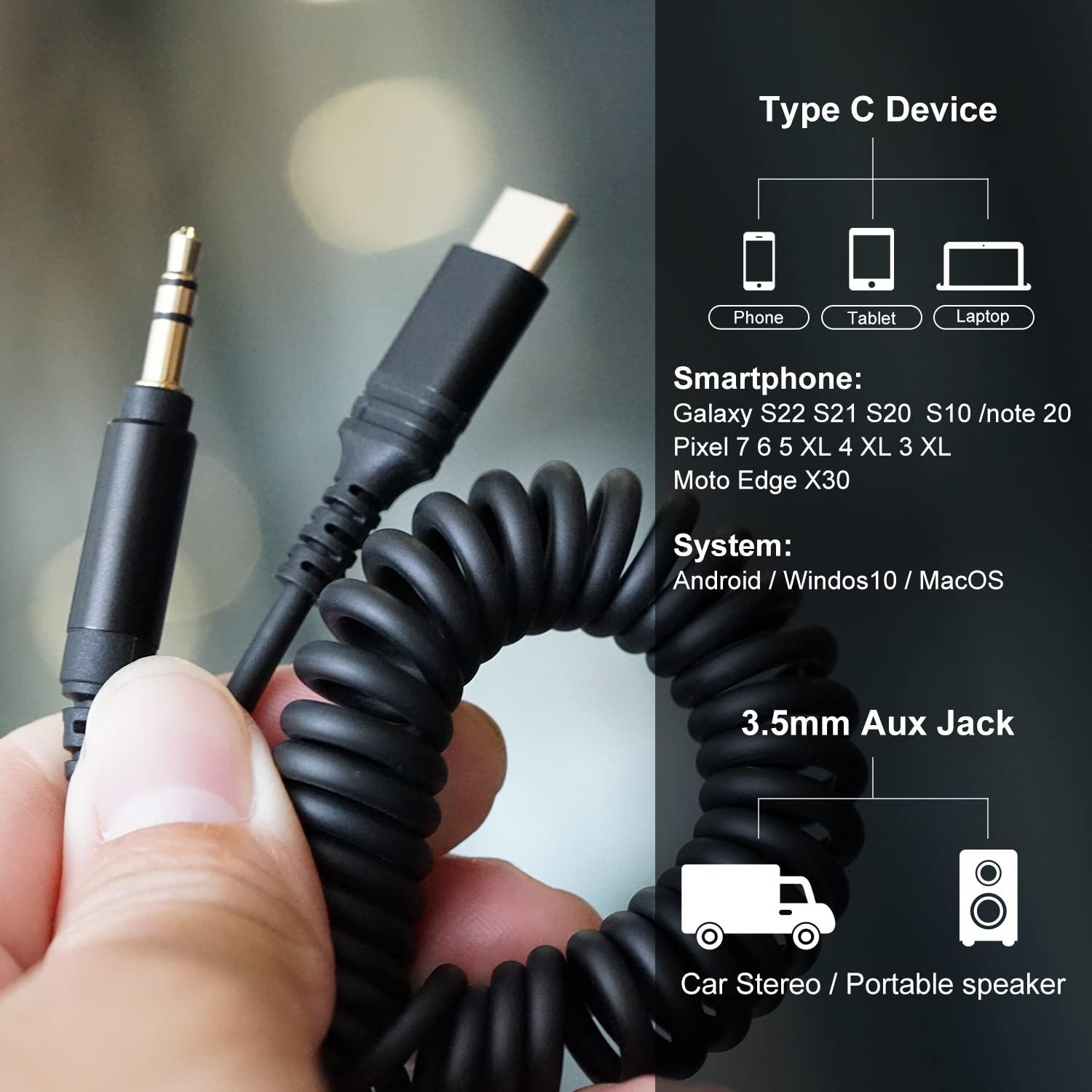 WKWZY WKWZY USB-C to Aux-Cord,4FT Male to Male 3.5mm Audio-Jack Coiled-Cable with DAC Core 24bit/96khz,Type C Plug Adapter for Android Phones/Car Stereo/Portable Speaker