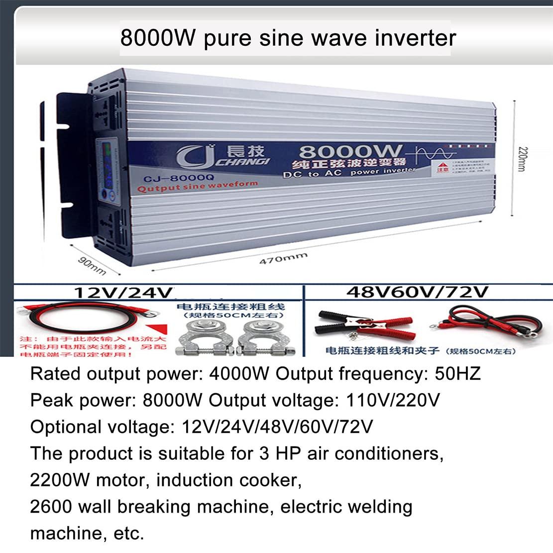 NYMFEA 8000W 10000W 12000W Power Inverter Pure Sine Wave 12V/24V/48V/60V DC to 110V/230V AC Converter Car Inverter with 2 AC Outlets for Motorhomes, Truck, Boat, Camping,24Vto110V-8000W