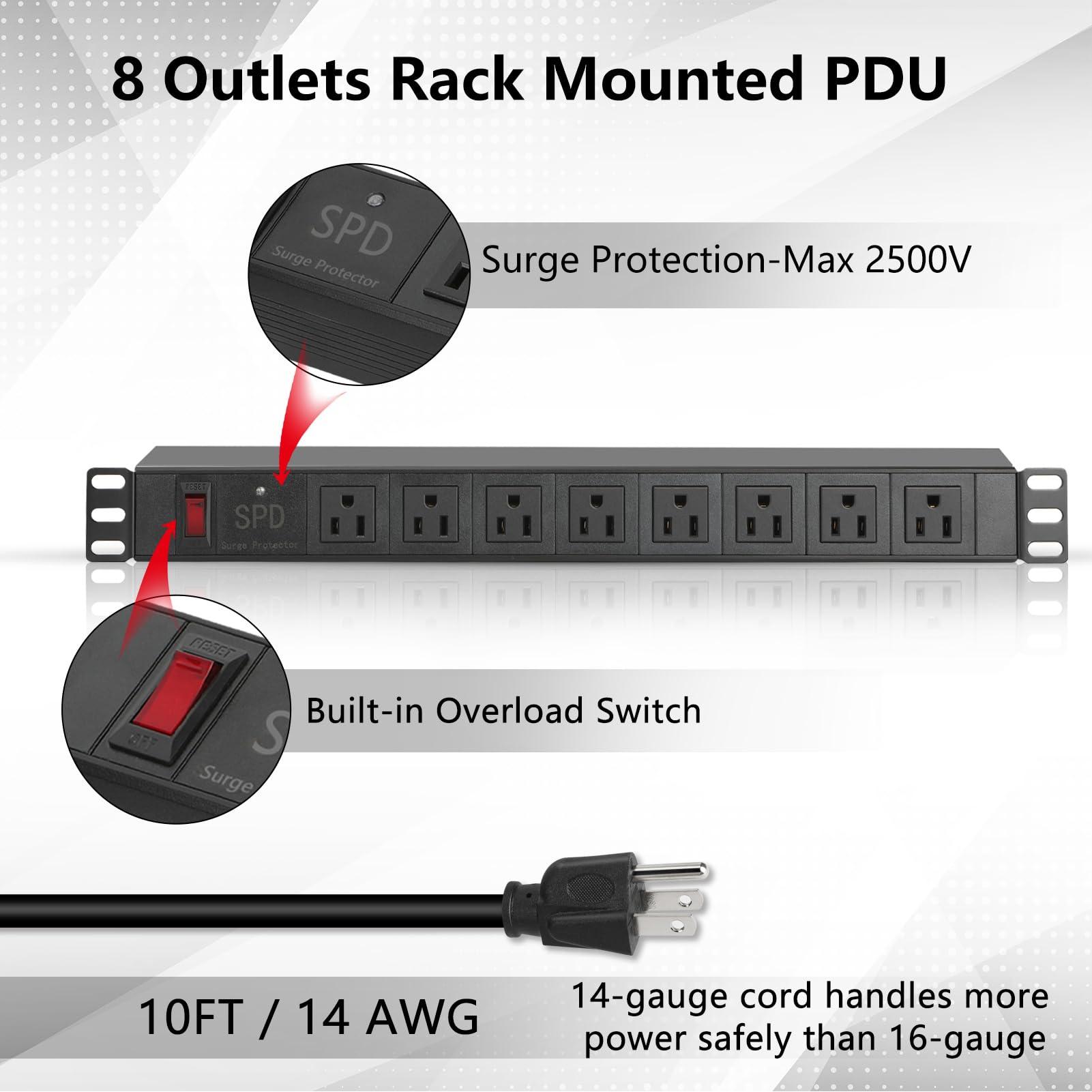 ElecVoztile ElecVoztile 8 Outlet Rack Mount PDU Power Strips with SPD Surge Protection-1200J, 10ft 14AWG Cord, 15A Overload Switch, 1U RackMount, Fits 19'' Network Server Rack, Front Facing Plug