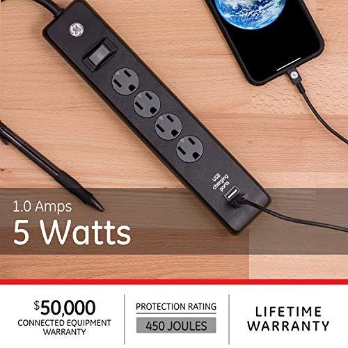 GE home electrical GE 4-Outlet Surge Protector, 2 USB Ports, 3 Ft Power Cord, 450 Joules, Twist to Lock Safety Covers, Automatic Shutdown Technology, Circuit Breaker, Warranty, UL Listed, Black, 36189