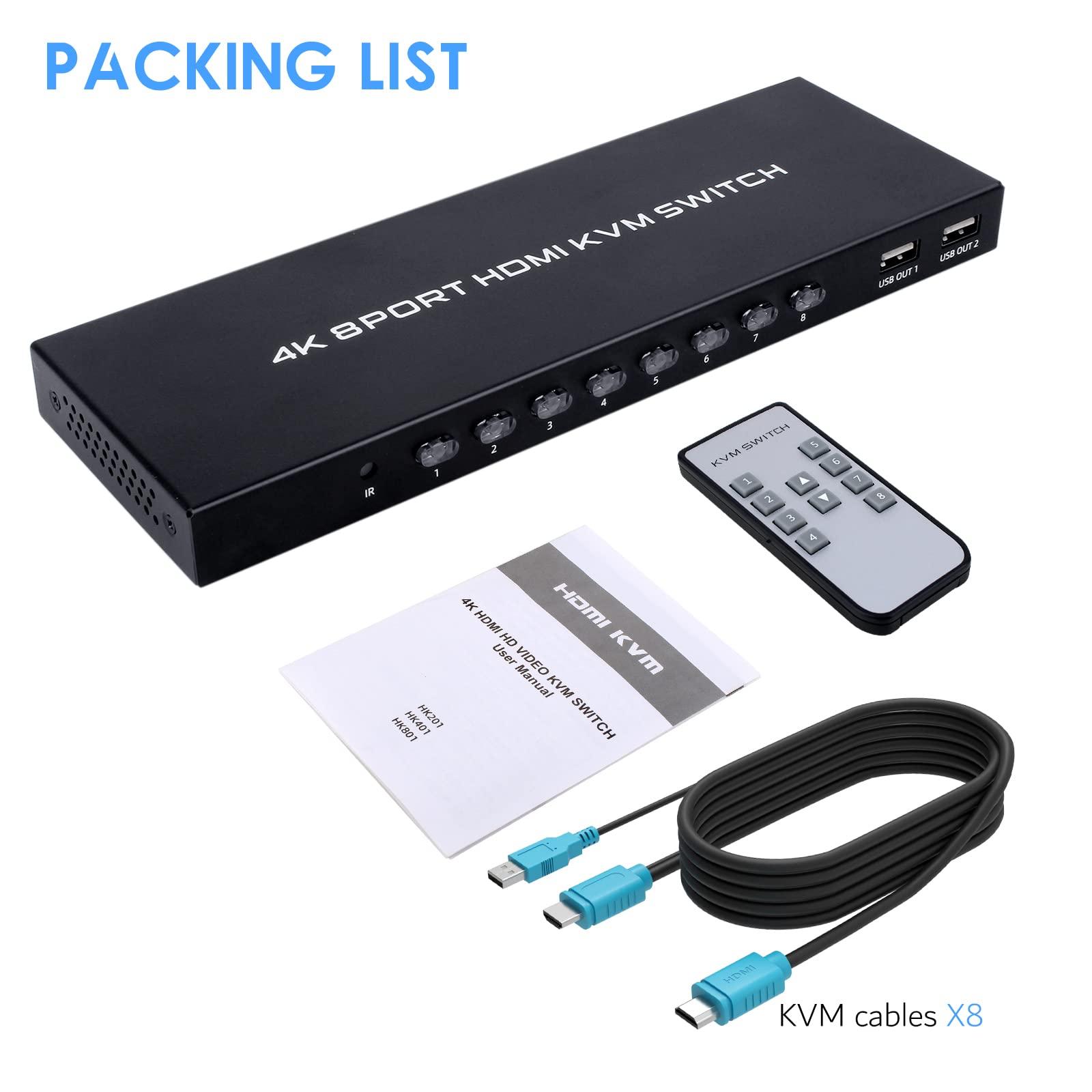 TCNEWCL TCNEWCL 8 Port KVM Switch HDMI, 4K@30Hz 8 in 1 Out HDMI KVM Switch for 8 PC Sharing 1 HD Monitor and 4 USB devices with IR Remote & 8 HDMI Cables