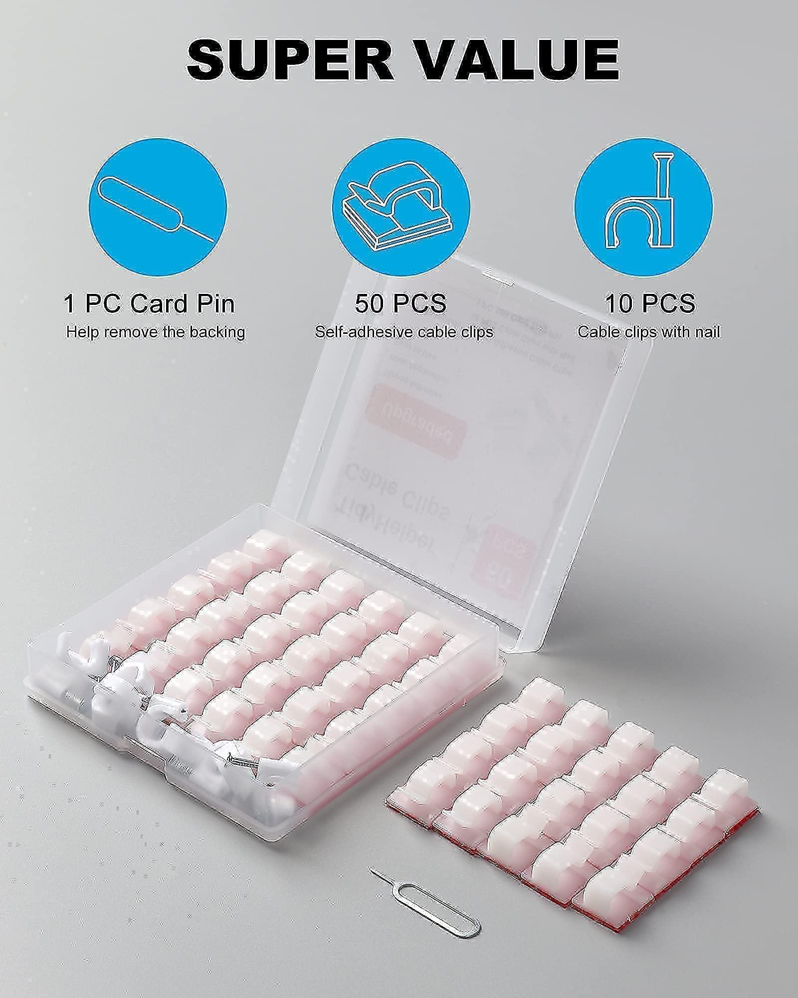 TidyHelper Cable Clips (120 PCS), 50 PCS White Cable Clips Adhesive & 50 PCS Adhesive Cable Clips Black & 20 PCS Wire Clips with Nail, Cord Clips Wire Holders for The Wall, Under Table Cable Management Clips