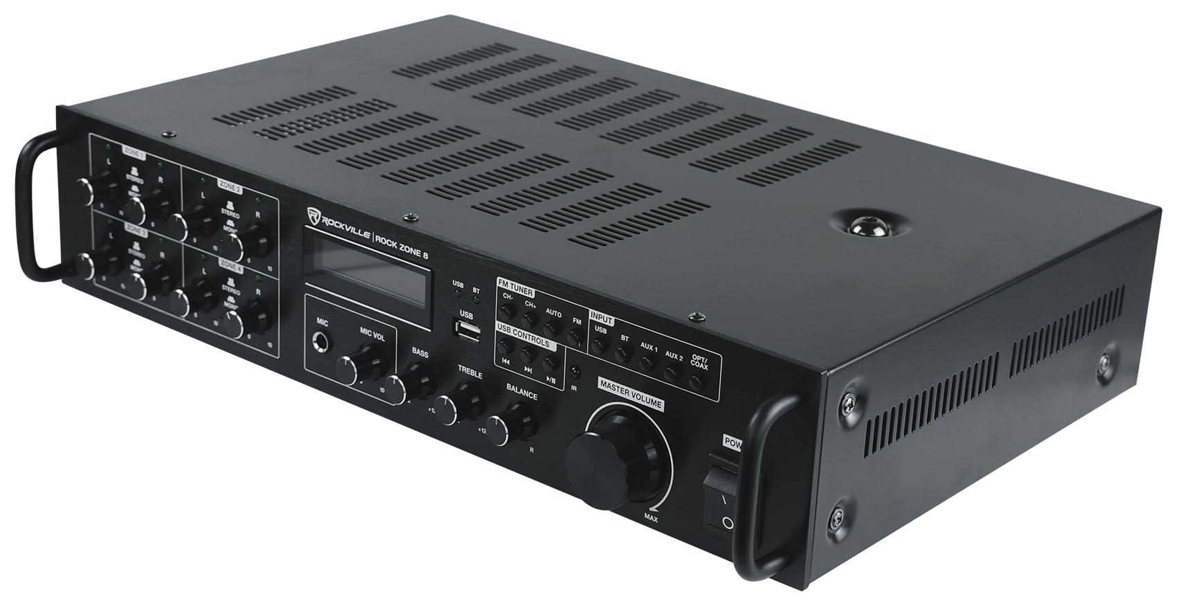 Rockville Rockville Rock Zone 8 8-Zone 8-Channel 1000W Multi-Room/Source Receiver Amplifier, Bluetooth, USB, Optical, FM Radio, Includes Remote - Perfect for Home & Commercial Audio, Restaurants, Offices