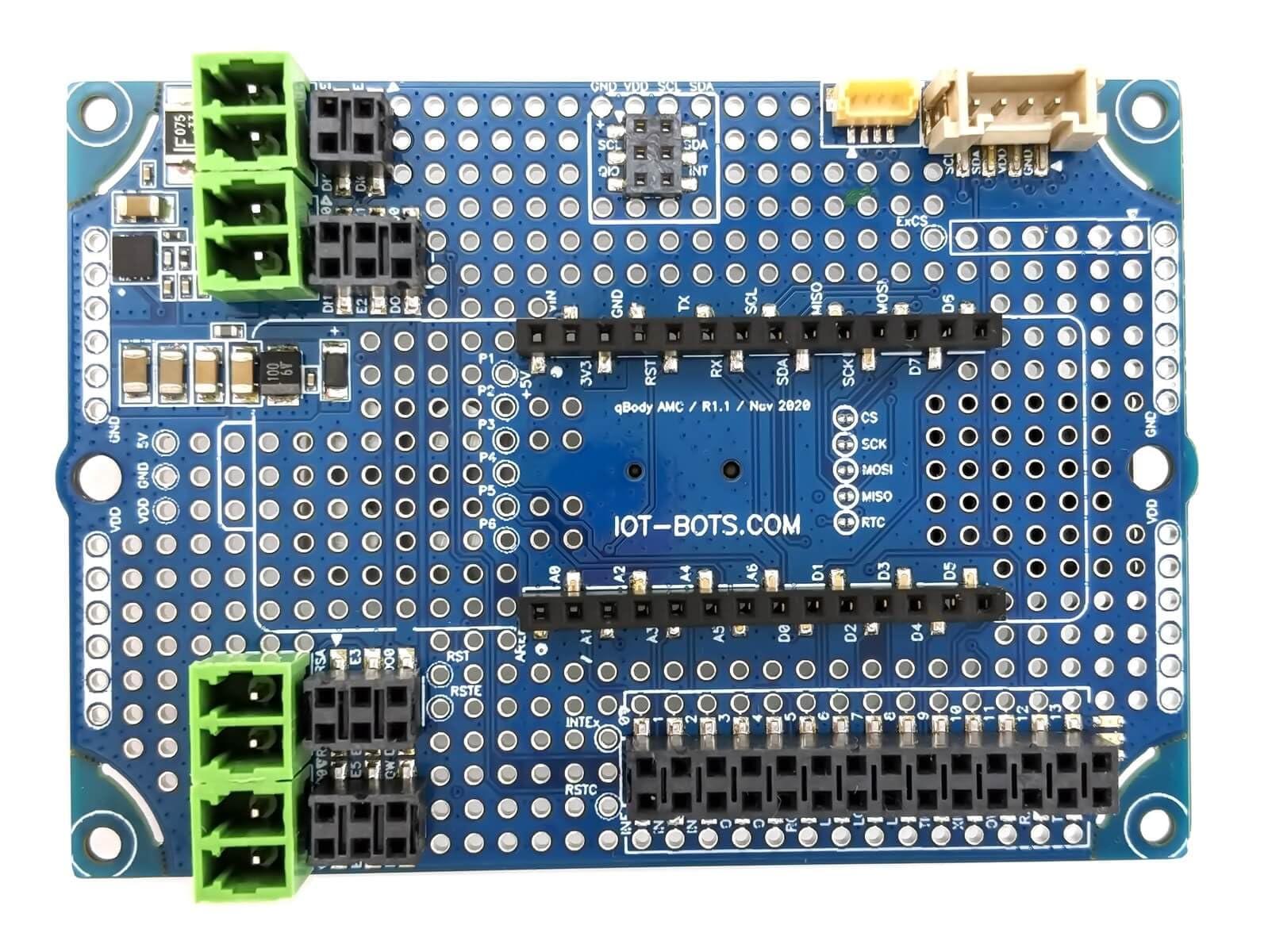 IOT-BOTS.COM qBody Arduino MKR Compatible Interface Board with installed Arduino MKR Compatible connectors, DC/DC, Temperature and Motion sensors, RTC, Serial Flash, INs / OUTs, RS485, 1-Wire,GROVE and JST I2C.