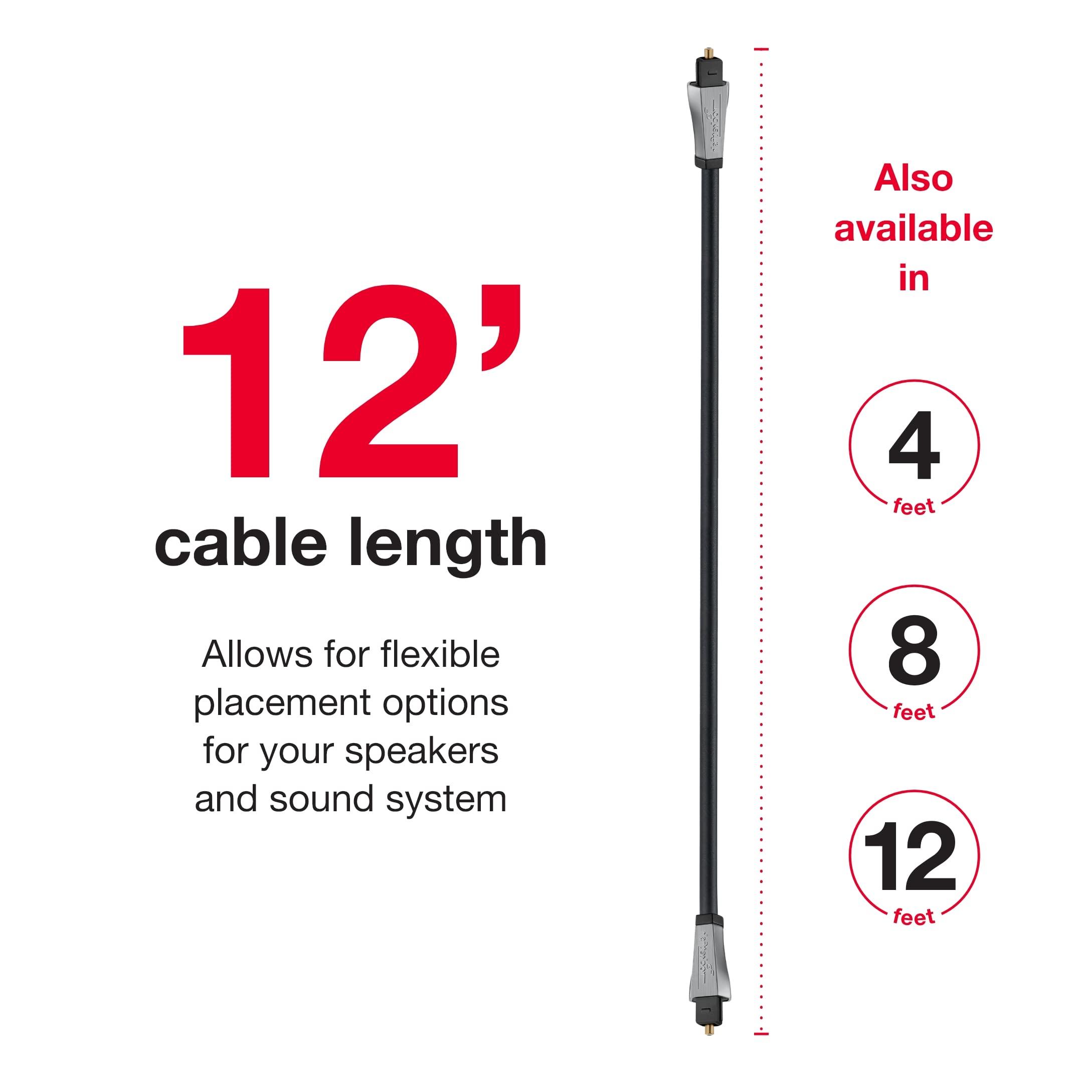 Rocketfish Rocketfish Toslink Optical Audio Cable - Fiber Optic Audio Cable for Home Theater & Sound System - Durable Cable Cord for Quality Audio - Black Optical Cable for TV & Soundbar - 12'