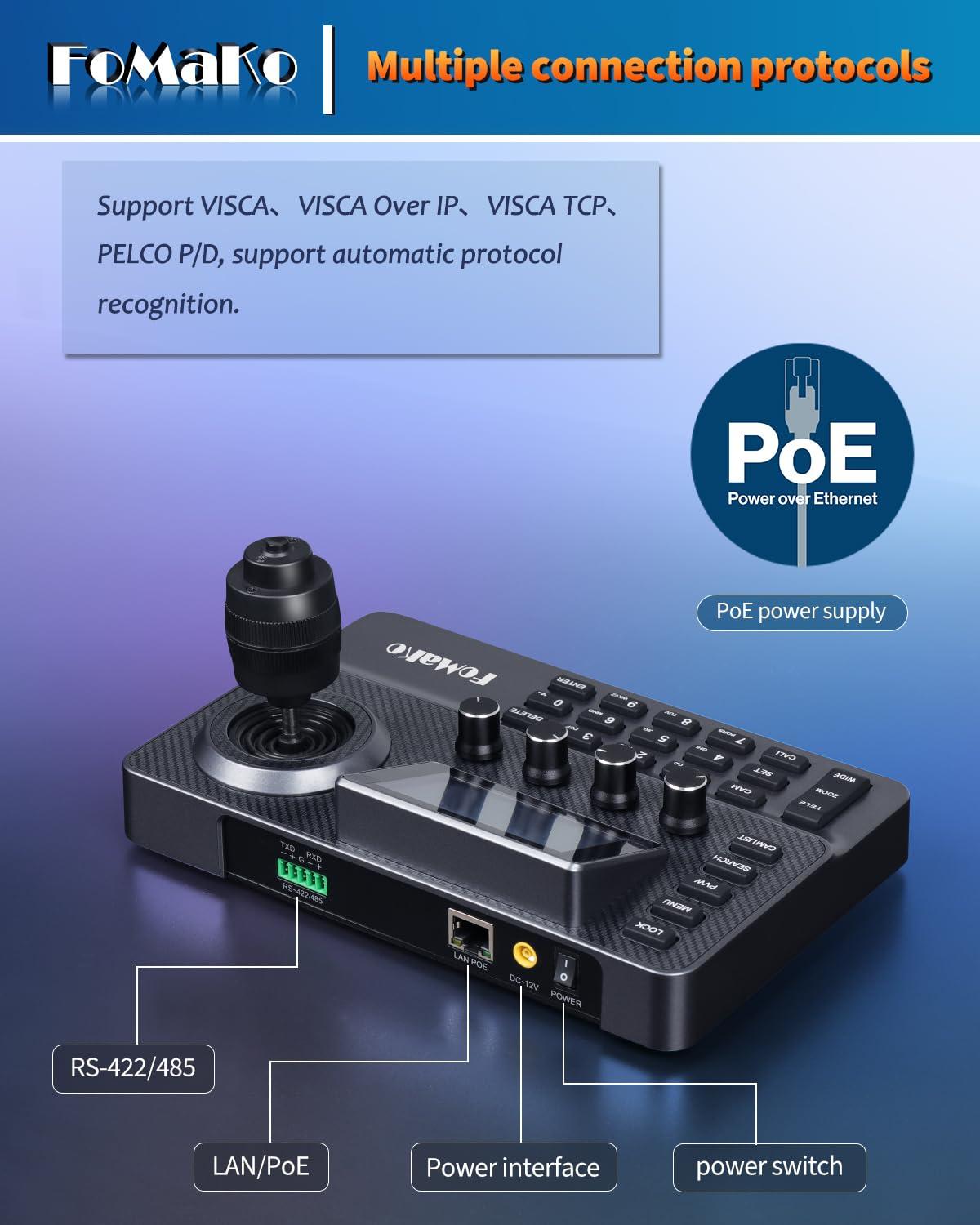 FoMaKo FoMaKo PTZ Controller PoE, 3" LCD Screen Preview, 4D Joystick PTZ Camera Controller, for Church Live Service, Visca PELCO D/P RS232 RS485(No NDI License, but NDI Upgradeable.) KC606 Black