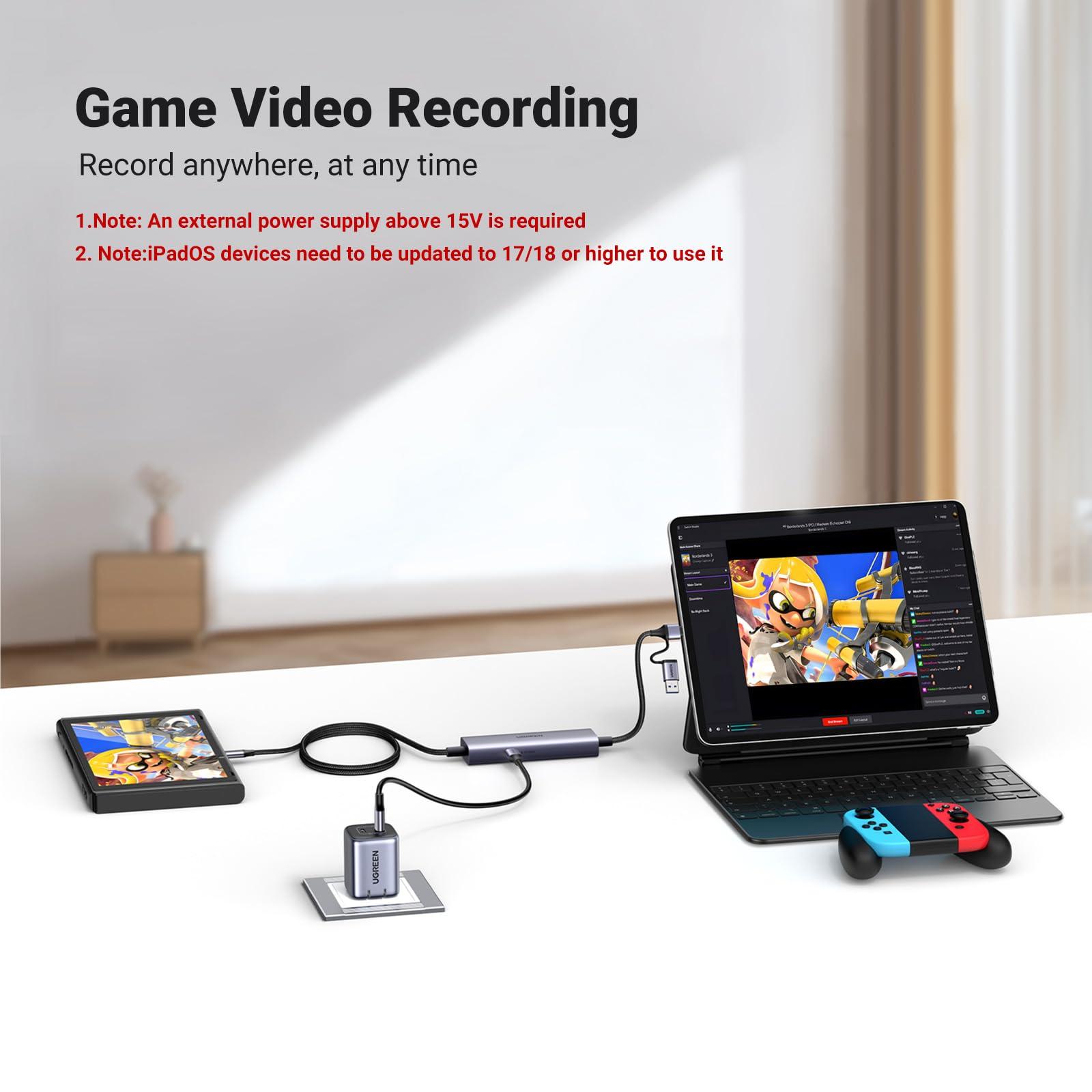 UGREEN UGREEN USB C Capture Card 1080P 60FPS 2K@30Hz Type C to USB-A/C Input Video Capture Card USB 3.0 Support 100W Fast Charge with Ultra-Low Latency for Gaming, Streaming, Compatible with Switch, iPad