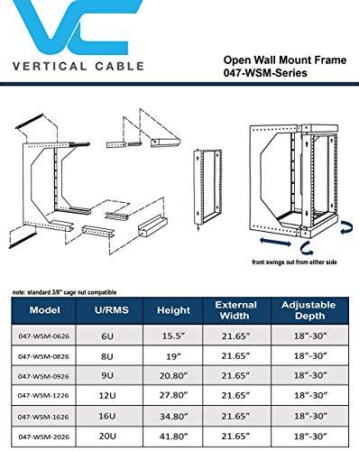 VC VERTICAL CABLE 16U Open Wall Mount Frame Rack with Hinge - Adjustable Depth 18"-30"