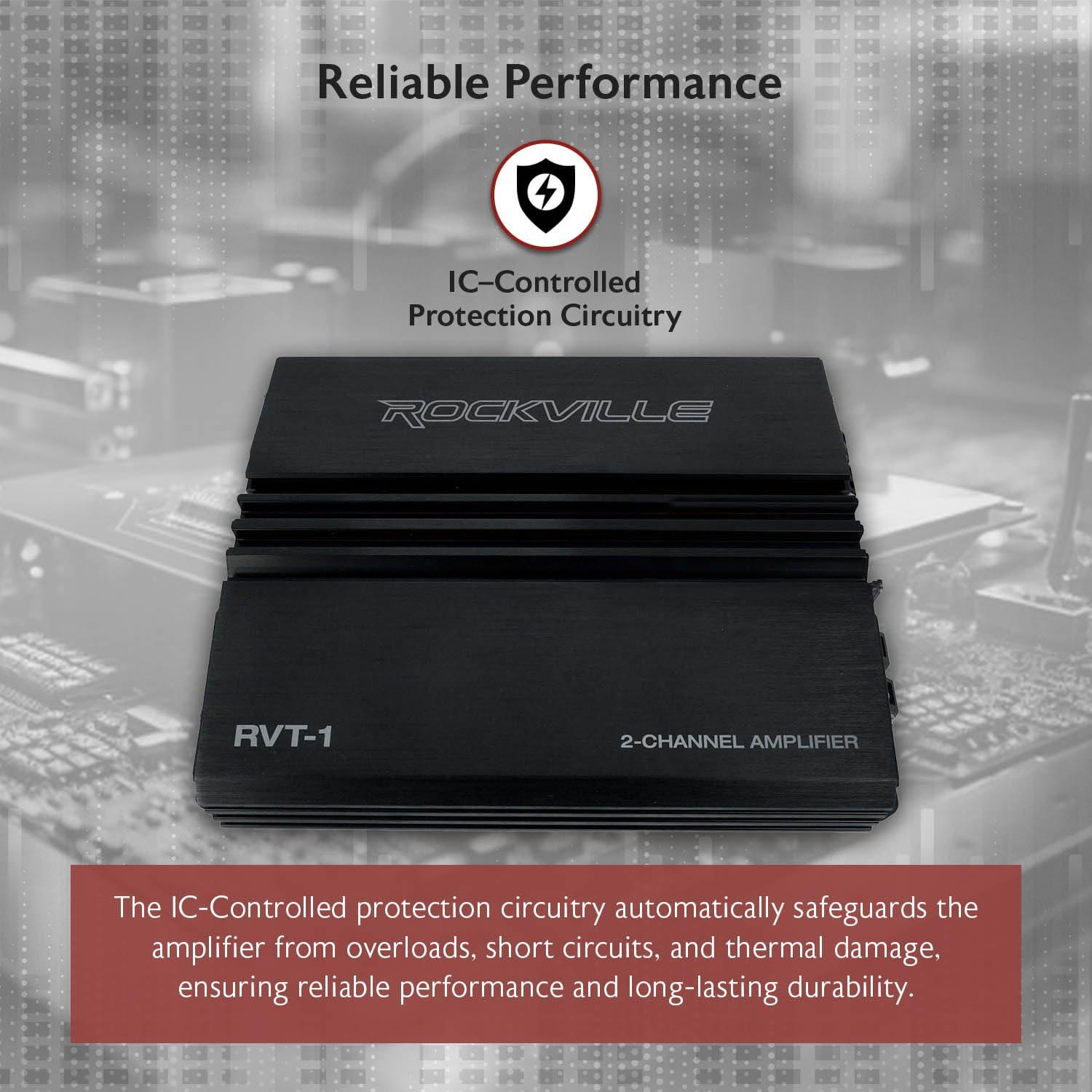 Rockville Rockville RVT-1 2-Channel Car Amplifier, 1000W Peak/250W RMS, Class-AB, MOSFET Power Supply, Bass EQ, Crossover, Perfect for Subwoofers and Car Audio