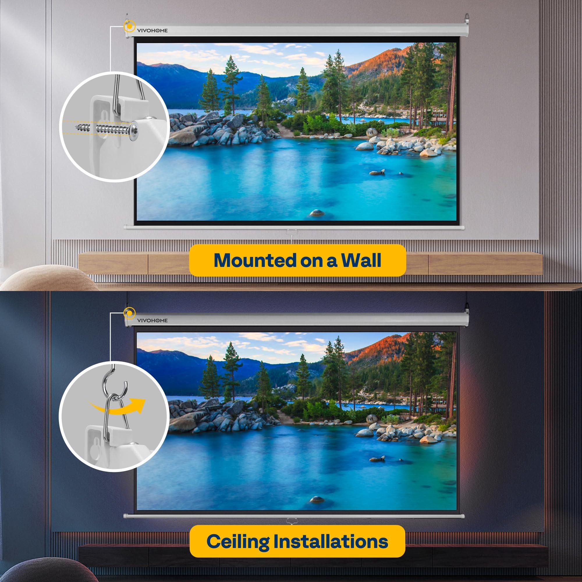 VIVOHOME VIVOHOME Projector Screen Pull Down, 16:9 100 Inch Retractable Projection Screen, HD 4K Manual Pull Movie Screen for Home Theater, Cinema, Office (87x49 Inch White)