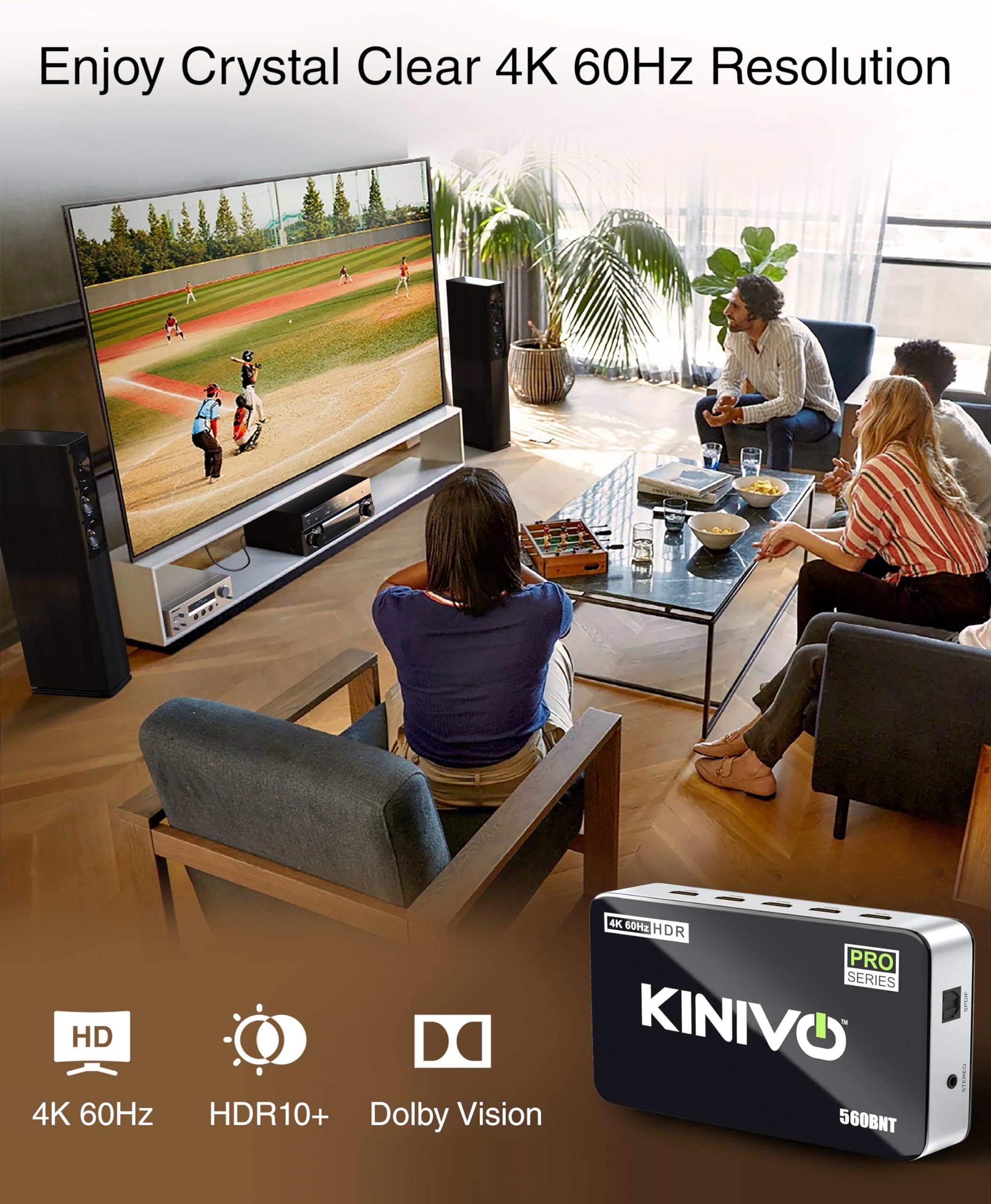 Kinivo Kinivo HDMI Switch with Audio Extractor 560BNT (5 in 1 Out Hub, Toslink Optical Audio Port, SPDIF, 4K 60Hz Switcher, 18Gbps, IR Remote) - Compatible with Gaming Console, Cable TV, PC, Dolby Digital
