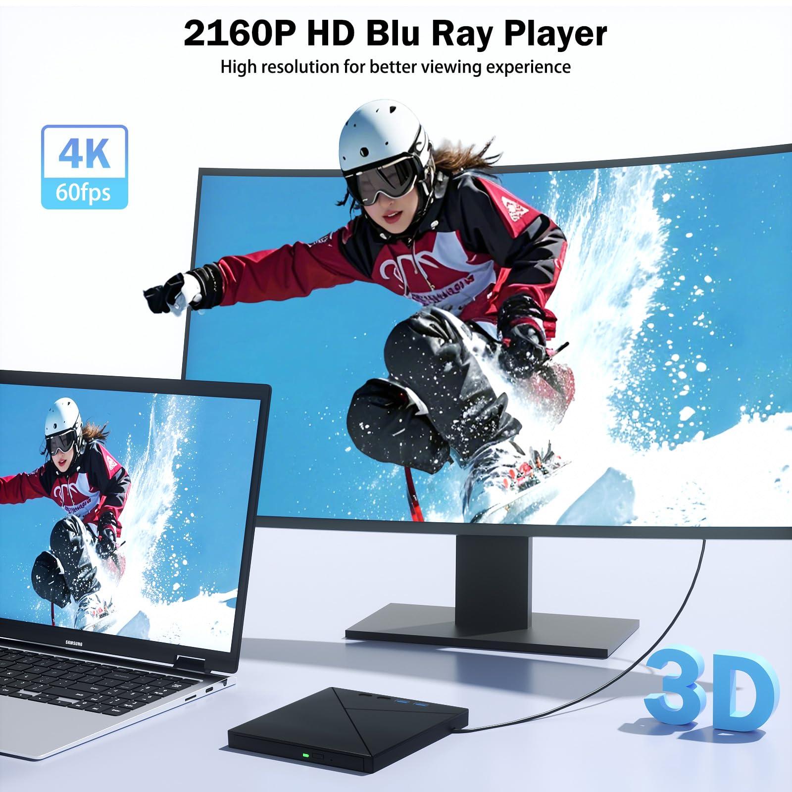 Wbacon 7 in 1 External Blu Ray Drive, 4k Blu Ray Burner with USB 3.0 Type-C Portable Blu Ray Drive, CD DVD Burner 3D BD Player with SD/TF Ports, 4k Optical Drive Compatible with Windows MacOS Laptop Desktop