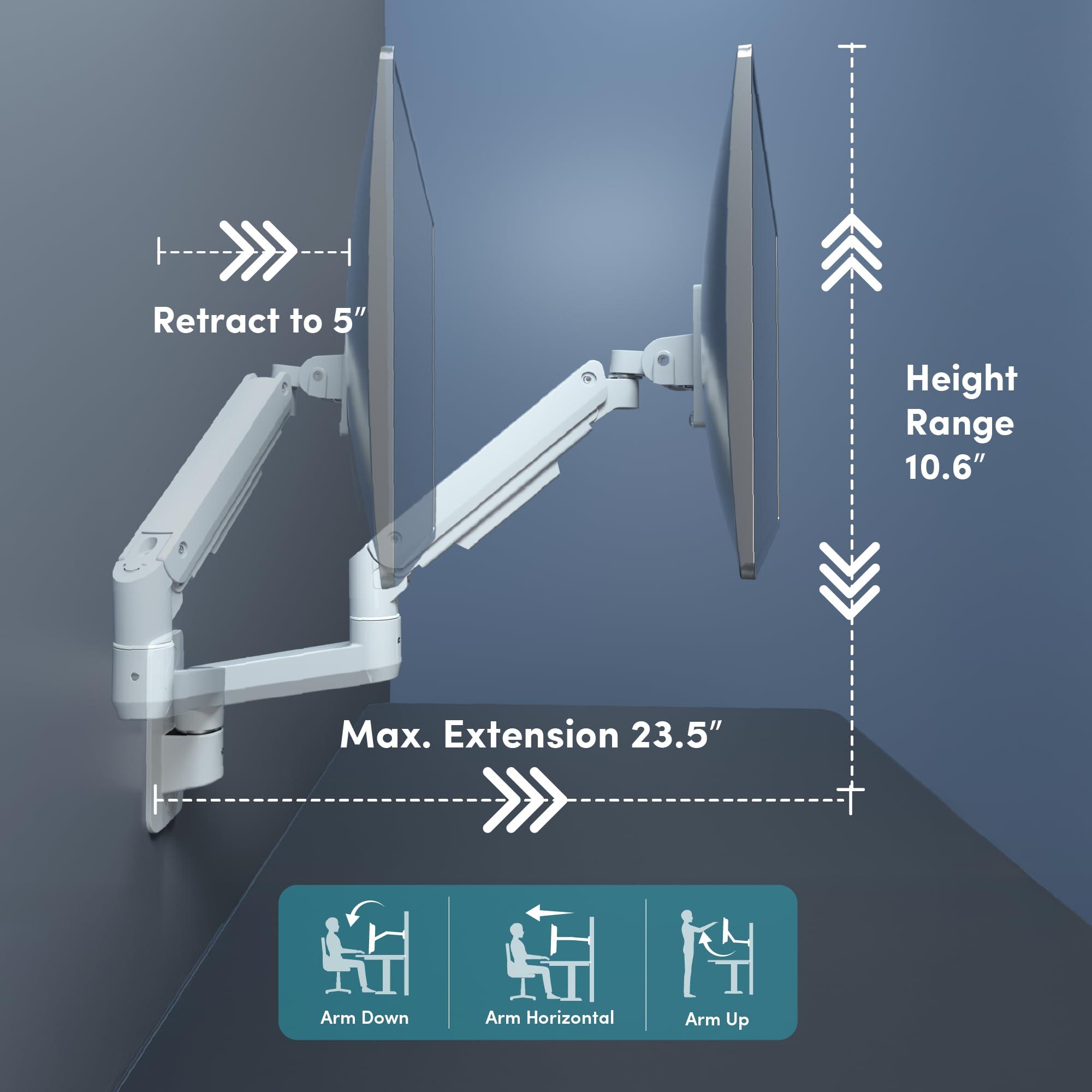 QUARX Monitor Wall Mount for 17-49 Inch Ultrawide Monitors, Single Monitor Arm Holds 4.4-44 lbs Screens, Adjustable Premium Aluminum Wall Mount with Max VESA 100x100 for Samsung Odyssey G9 and More, White
