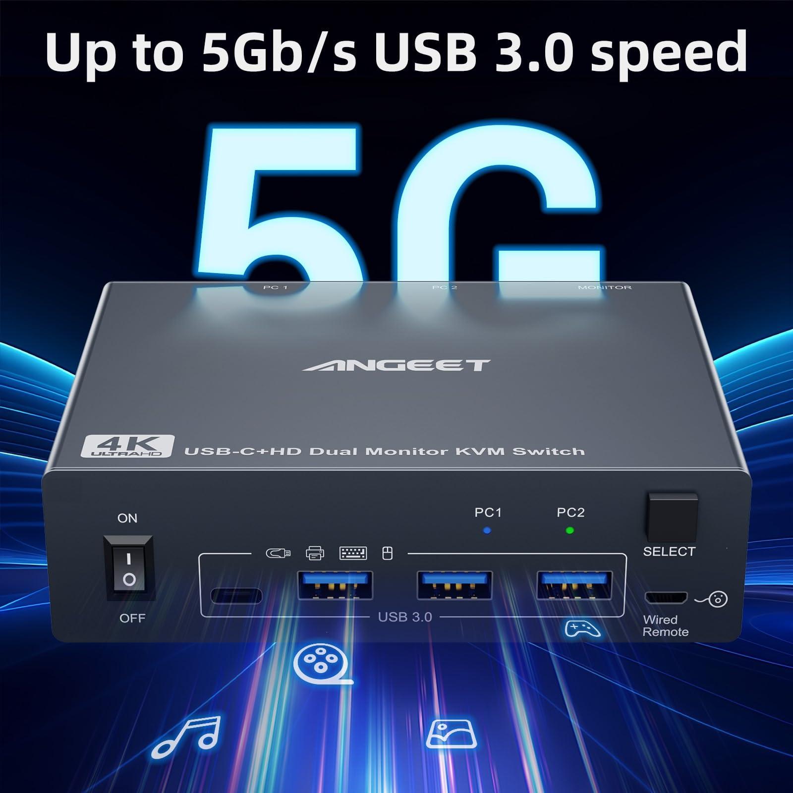 ANGEET Dual Monitor KVM Switch for Laptop & Desktop 4K@60Hz, USB C and HDMI KVM Switch 2 Monitors 2 Computers with 4 USB 3.0 Port for Keyboard Mouse, 80W PD Charging, with Wired Remote and USB C Cable