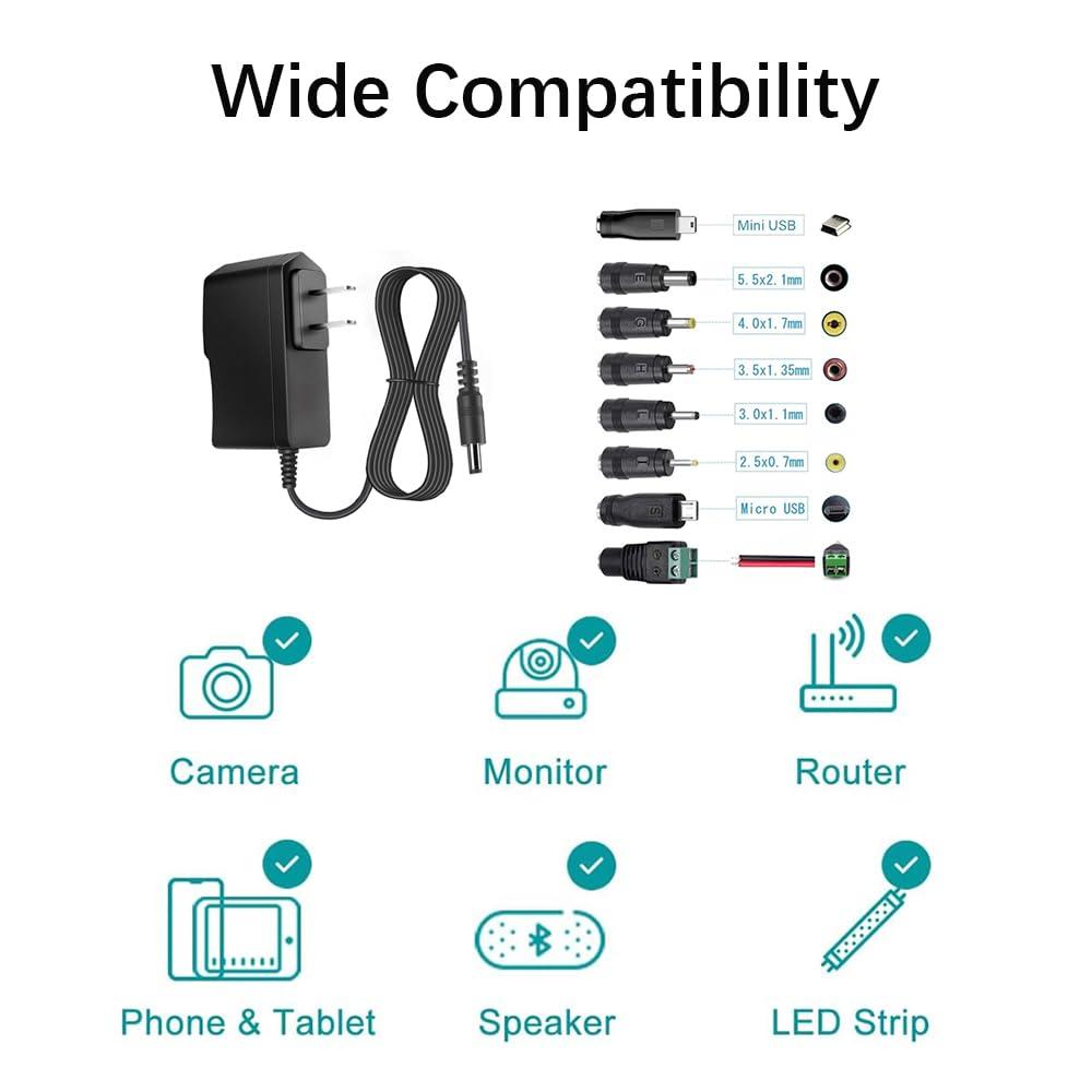 HYGAMOCC 5V 1A AC-DC Adapter, Wall Charger Power Supply Adapter with 5.5 x 2.5mm/2.1mm Plug & 8TIPS,100V-240V Slim Design for Android Tablets Webcam Routers Toys Recorder Speaker & More DC 5V Devices