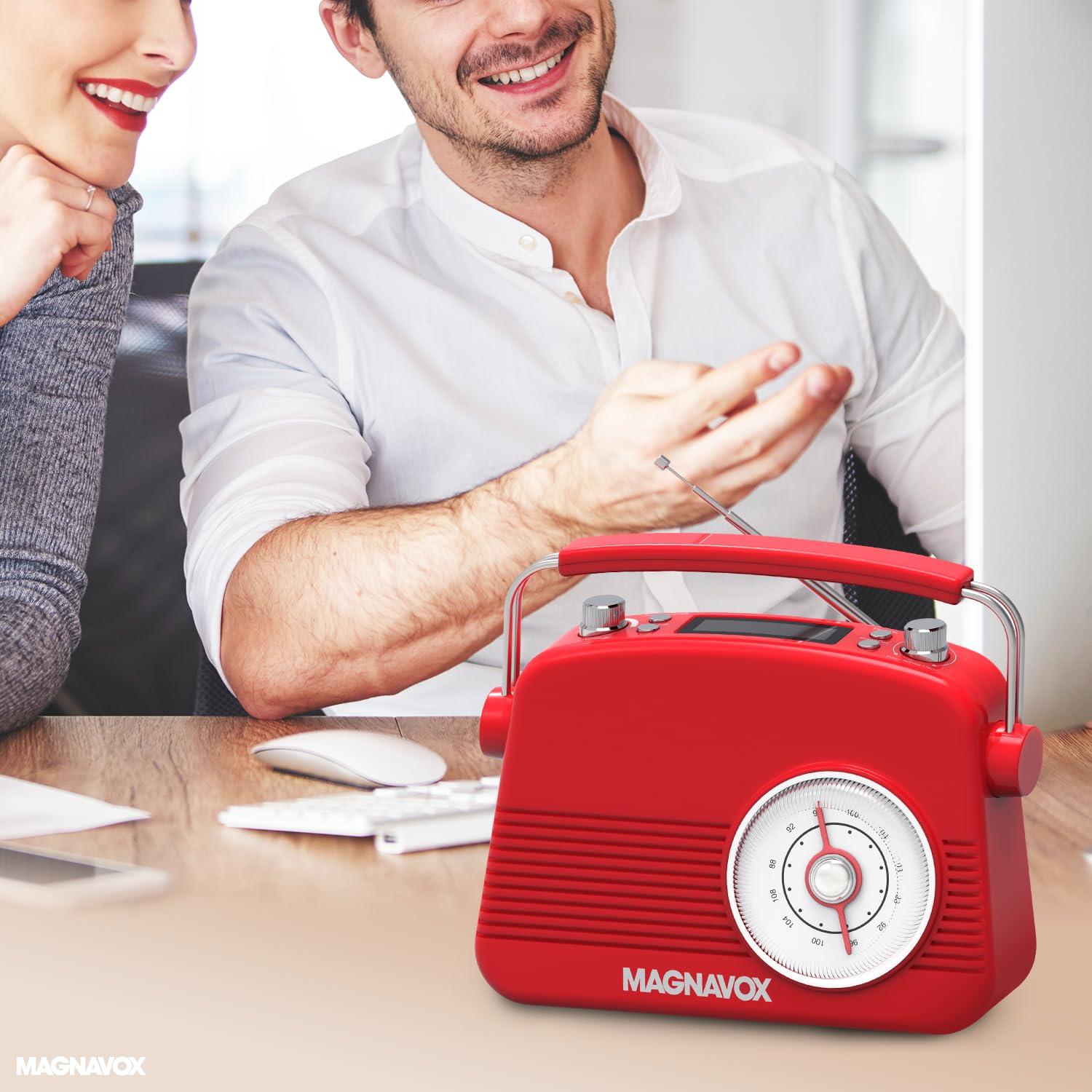 Magnavox Magnavox Retro Dual Alarm Clock FM Radio - Bluetooth Wireless Technology, LCD Display, Snooze & Sleep Timer - Ideal for Home, Bedroom & Office (Red)