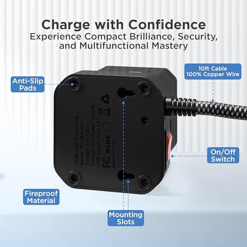 Uncaged Ergonomics Cube Power Strips with Surge Protection, 10ft Extension Cord with Multiple Outlets, 5 AC Plugs + 3 USB + 1 USB-C Fast Charging Power Strip with USB Ports, Mountable On/Off Switch Charging Station