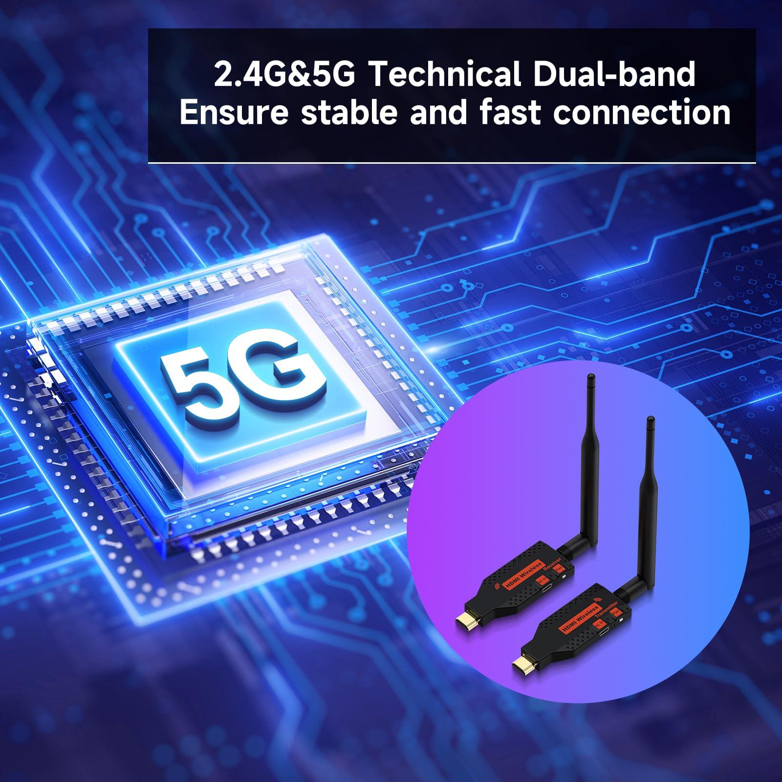 Taiquinix Wireless HDMI,One Transmitter and Two Receiver, 330FT/100M 4K Decode 1080P Output,Plug & Play Portable 2.4G/5G Wireless HDMI Extender Kit Support Simultaneous Playback on Multiple Devices (1 TX+2 RX