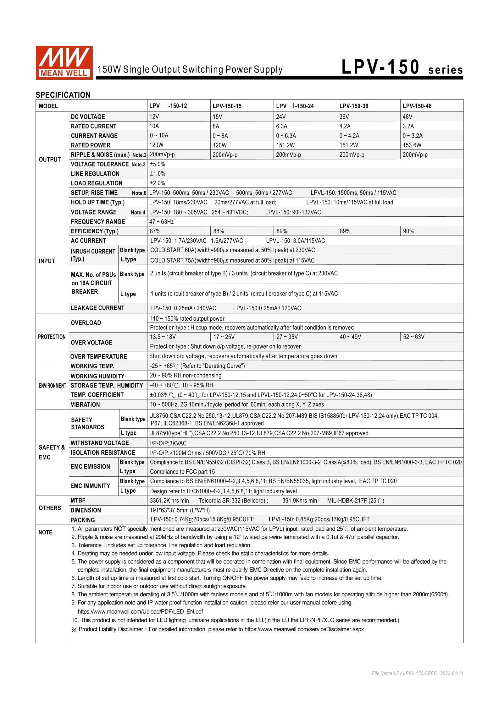 MEAN MELL Mean Well LPV-150-36 151.2W Single Output Switching Power Supply 36V/4.2A