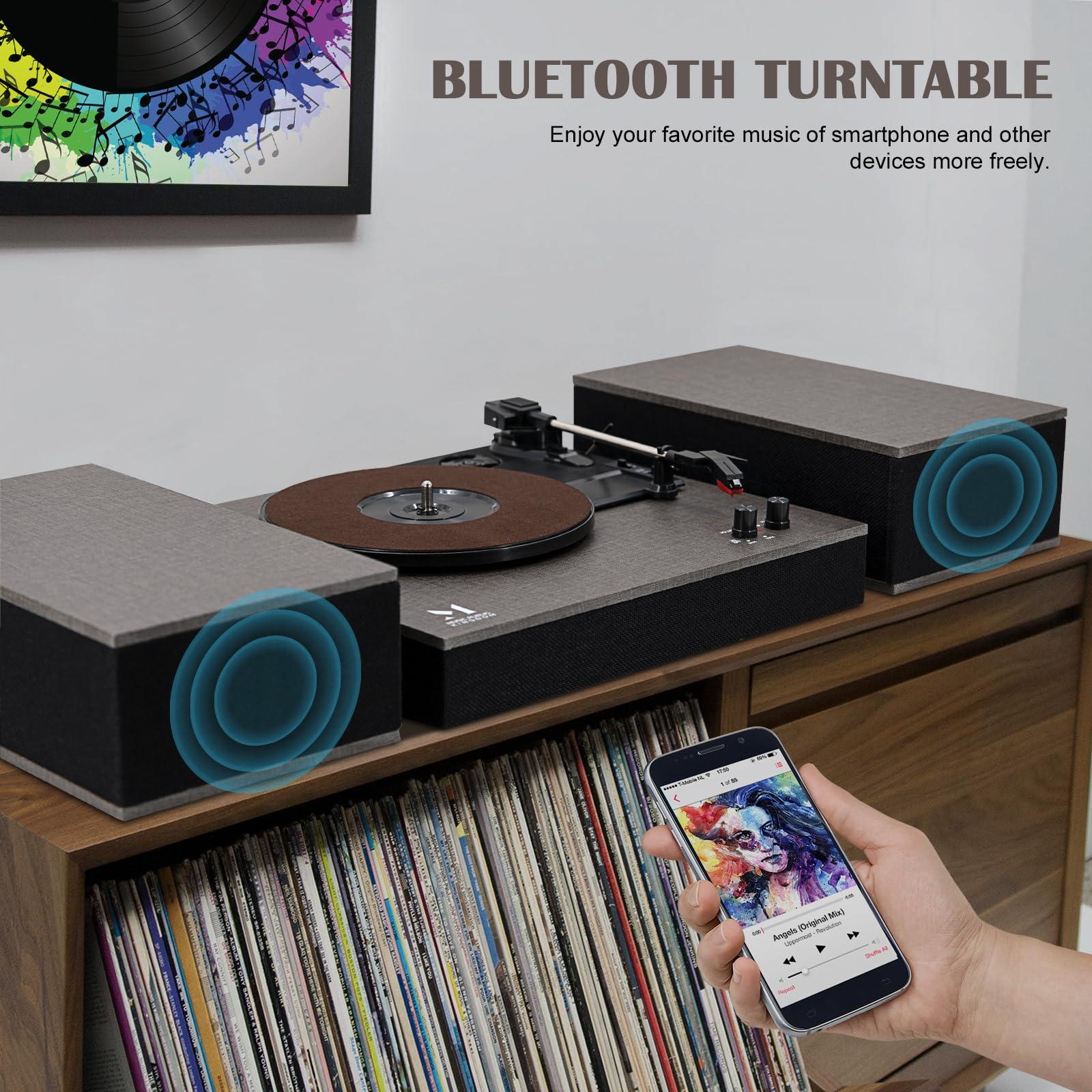 M MUSIC PUBLIC KINGDOM MPK Bluetooth Record Player,Turntable HiFi System with Bookshelf Speakers, 3-Speed Belt-Drive Vinyl Turntable for Vinyl Records with Wireless Playback and Auto-Stop,Grey Cloth Pattern