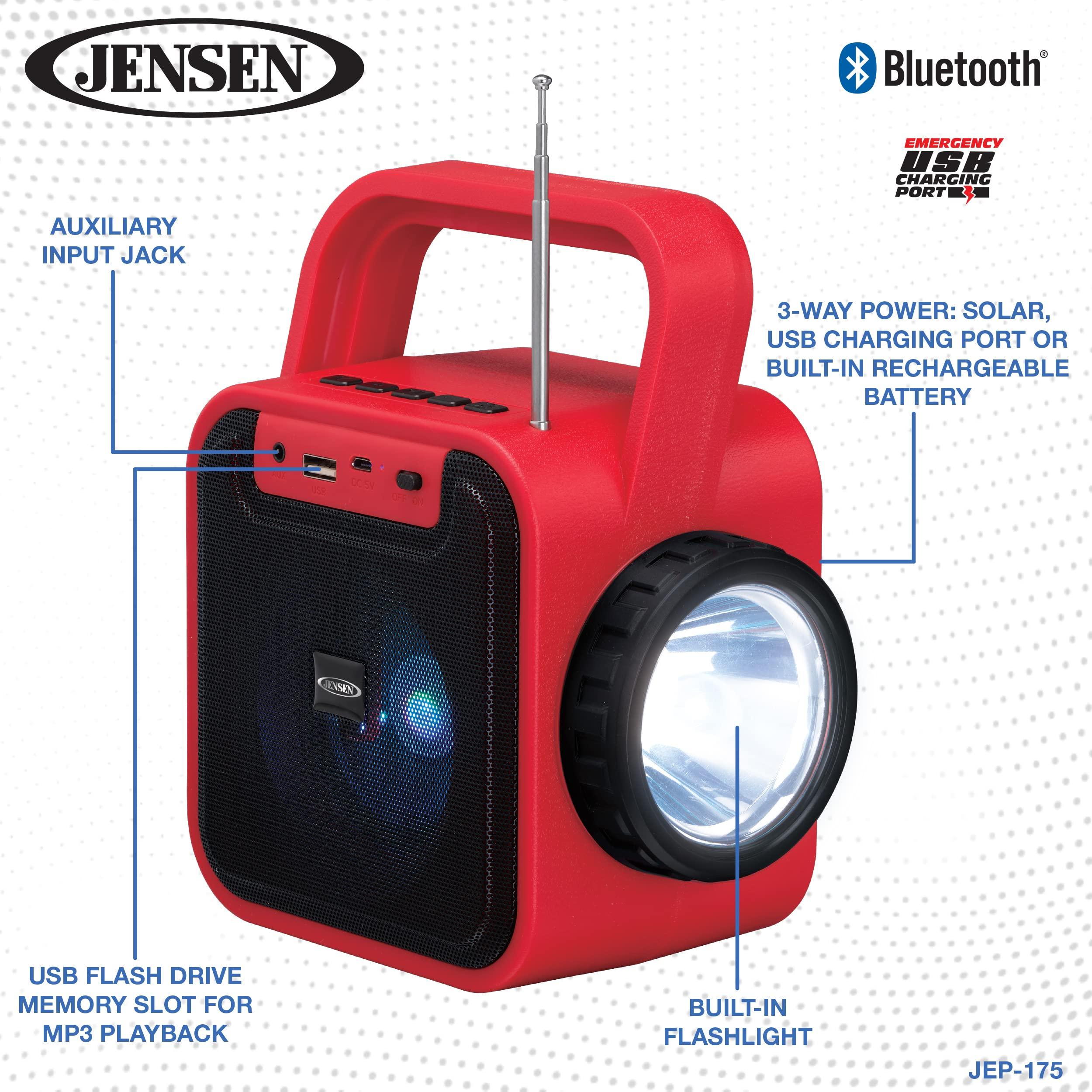 Jensen JENSEN JEP-175 Portable Bluetooth Rechargeable Speaker with Built-in Emergency USB Charging Port, FM Radio, Flashlight and Solar Charging Pane