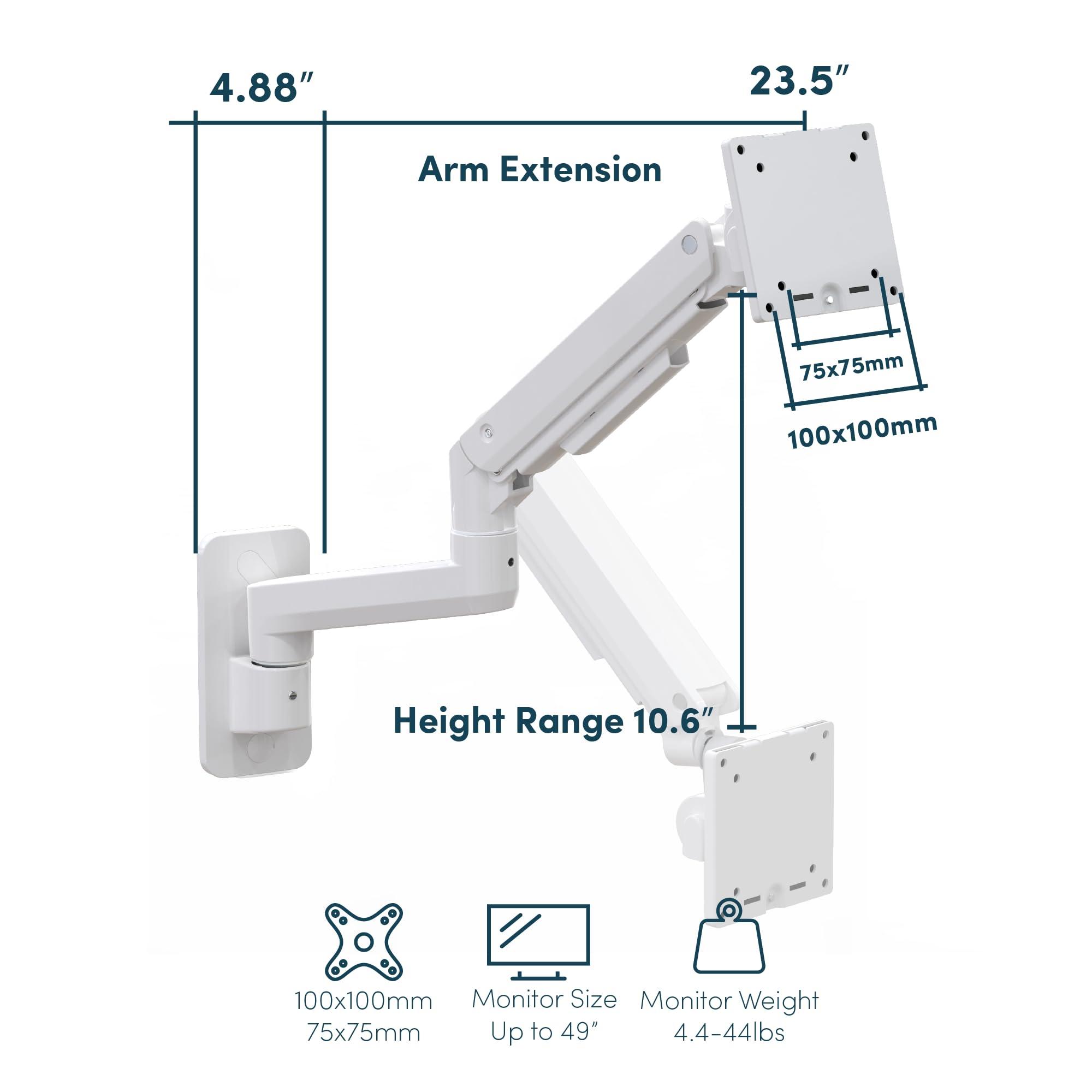 QUARX Monitor Wall Mount for 17-49 Inch Ultrawide Monitors, Single Monitor Arm Holds 4.4-44 lbs Screens, Adjustable Premium Aluminum Wall Mount with Max VESA 100x100 for Samsung Odyssey G9 and More, White