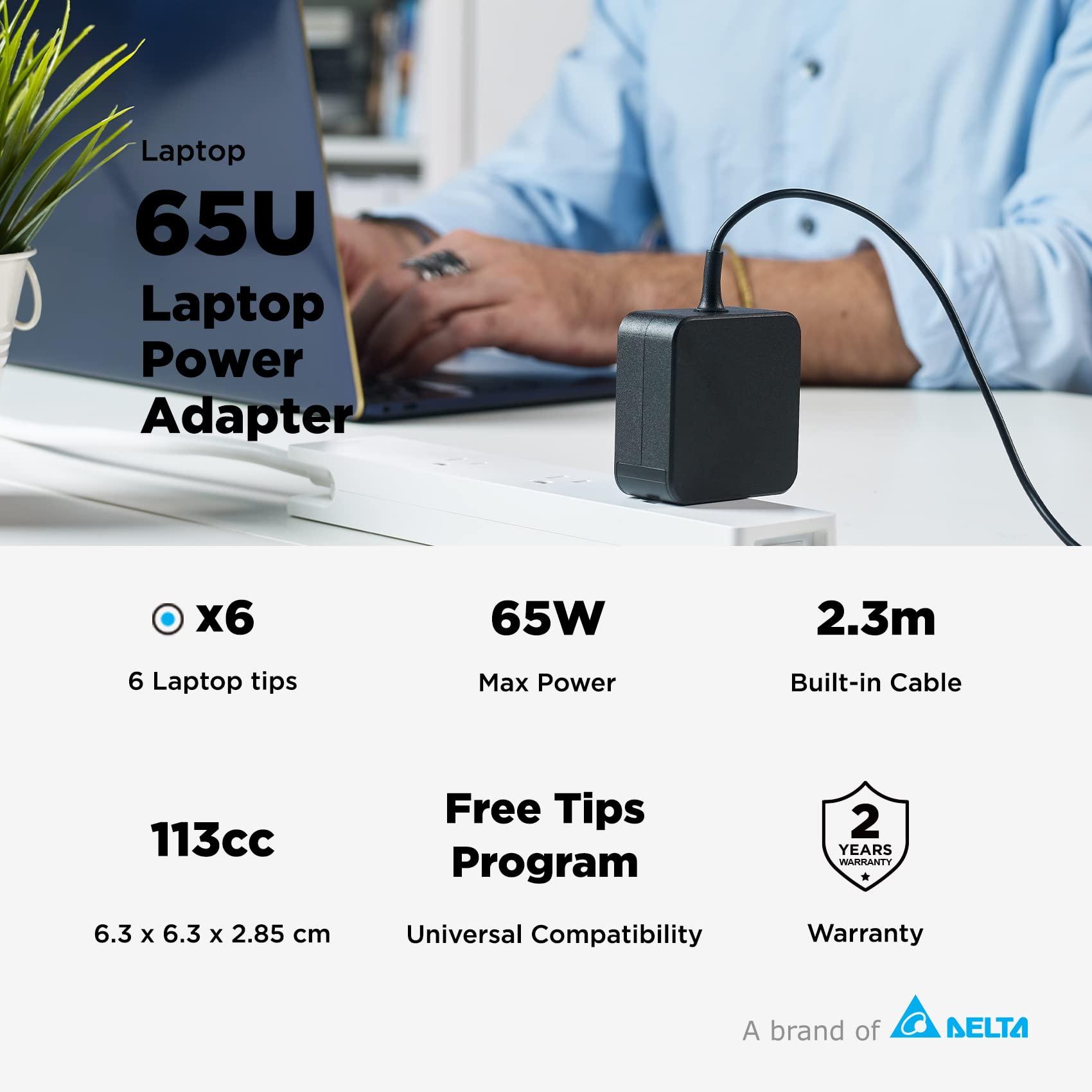 Innergie Innergie 65U 65W Universal Laptop Charger Power Adapter - Compatible with Acer/MSI/ASUS/Lenovo/HP/Windows PC Notebooks 2.3m Built in Cable with Tips, UL & IEC 62368-1 Certified (Delta Electronics)