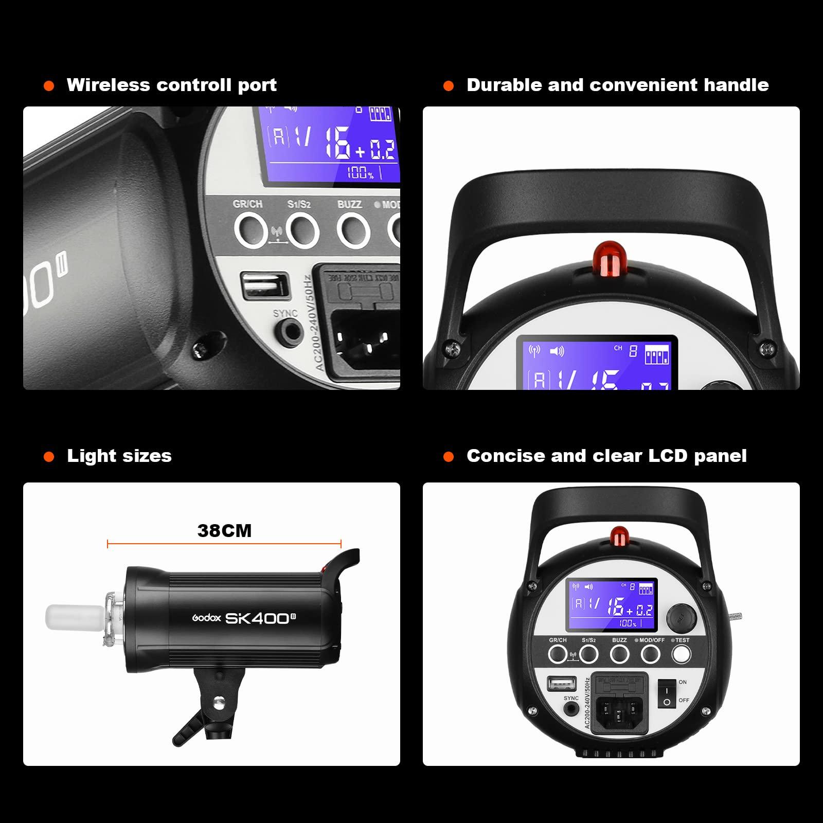 GODOX Godox SK400II 400W Studio Strobe Flash 2Pack Kit 2.4G Wireless X System Bowens Mount 5600200K with Standard Reflector,BD-04,Softbox,Light Stand,for Photography