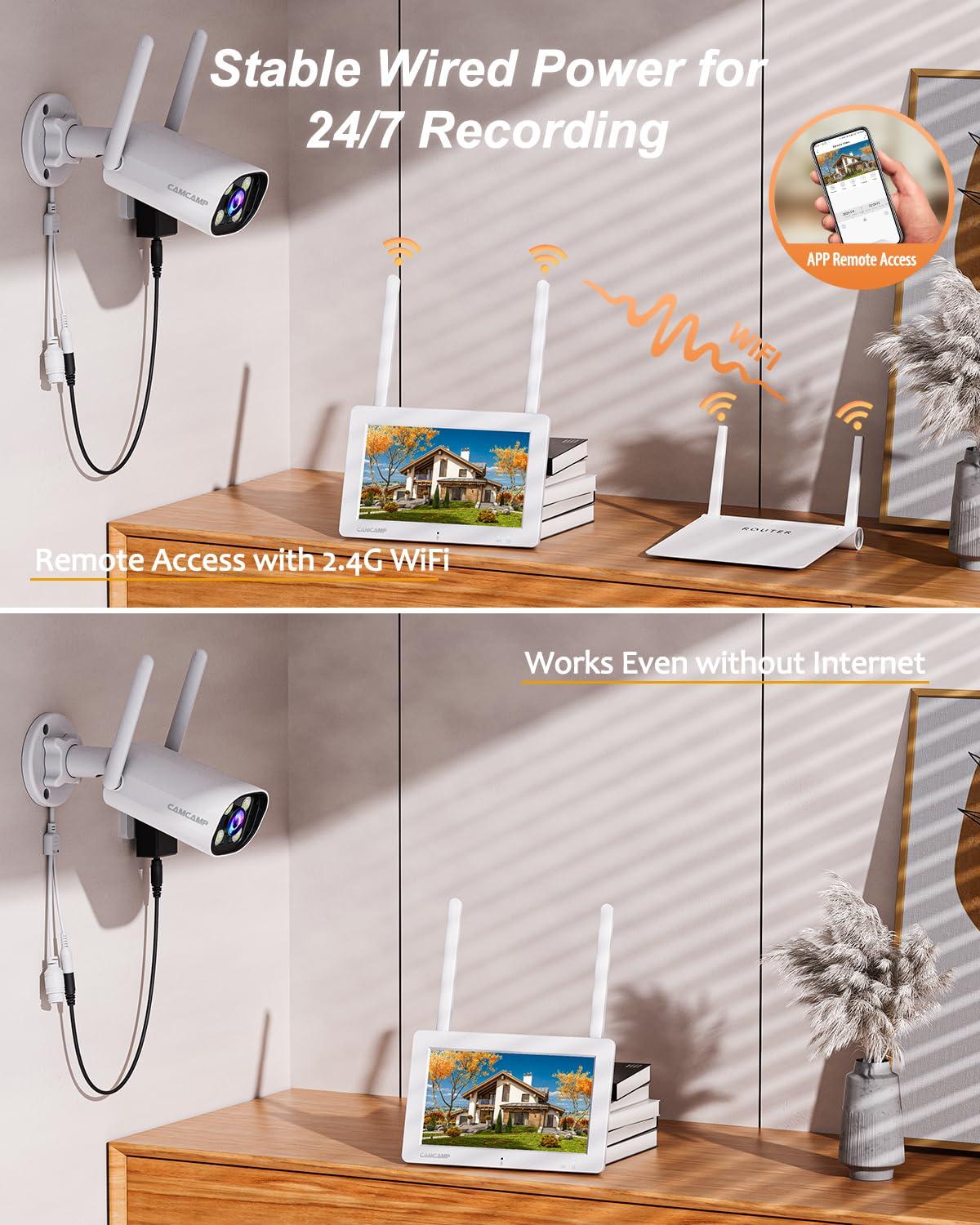 Camcamp Camcamp Wireless Security Camera System with 7" Touchscreen Monitor & 2PCS 2K Wired Outdoor Security Camera, Plug-in Power, Color Night Vision, 2 Way Audio, Motion Detection, 32GB SD Card Included