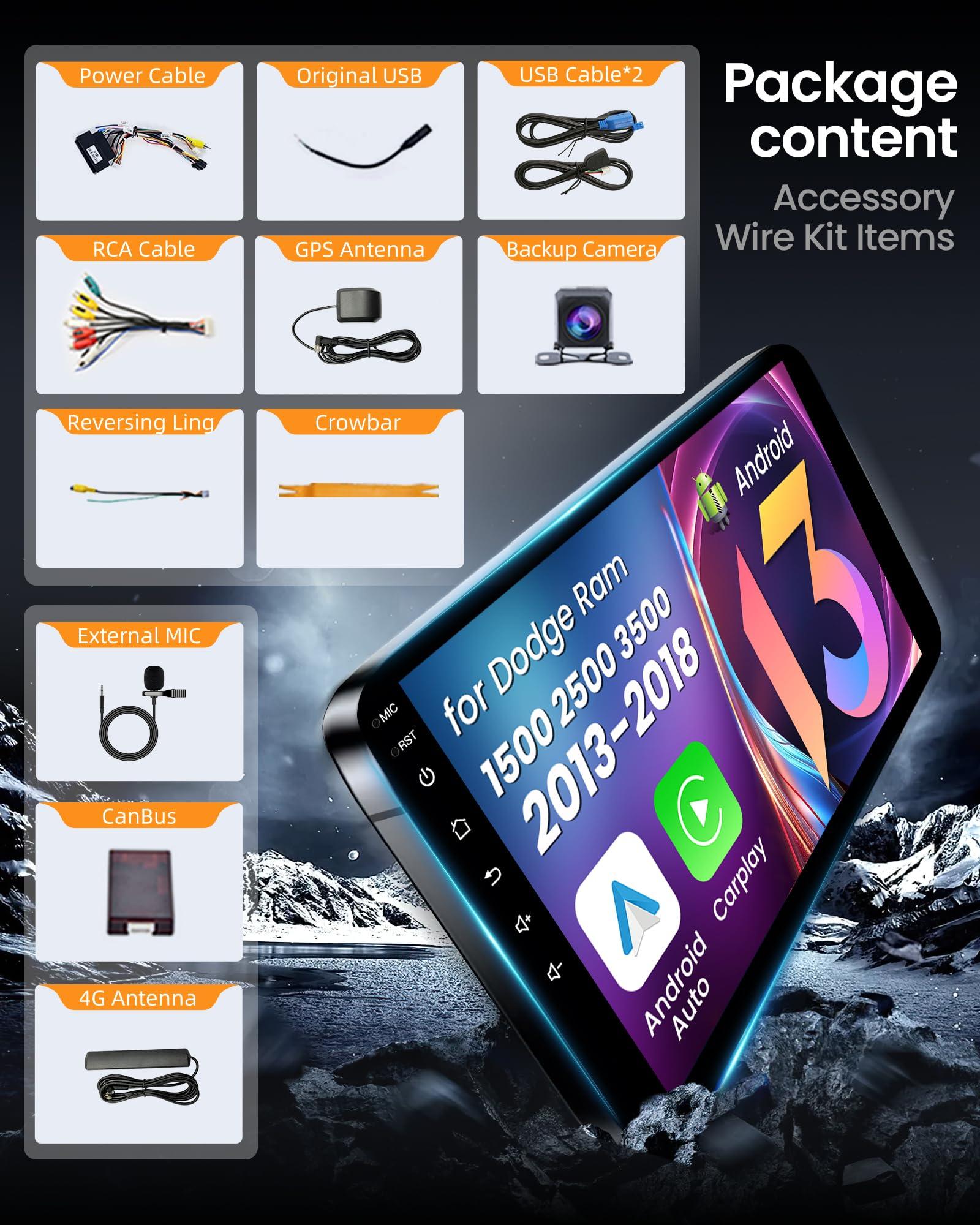 Fortdows Dodge RAM Car Stereo for 1500/2500/3500 2013-2018 9 Inch Android 13 Head Unit (4G+64G 8 Core) Featuring Wireless Apple CarPlay, Android Auto, Bluetooth, 5G WiFi, GPS Navigation