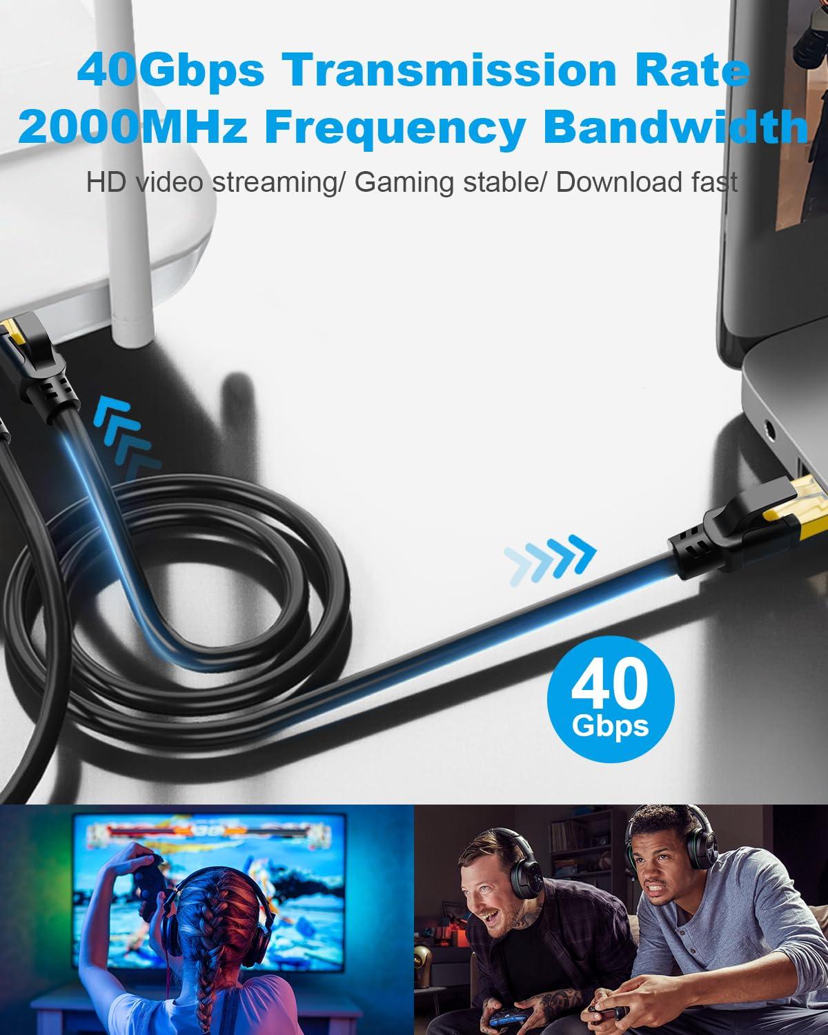 DDMALL DDMALL CAT 8 Ethernet Cable 50 ft, High Speed 40Gbps 2000MHz Internet Cable, Shielded CAT8 Network Patch Cord with Gold Plated RJ45 Connector for Gaming, Router, Modem, X Box, PC (50ft Black)