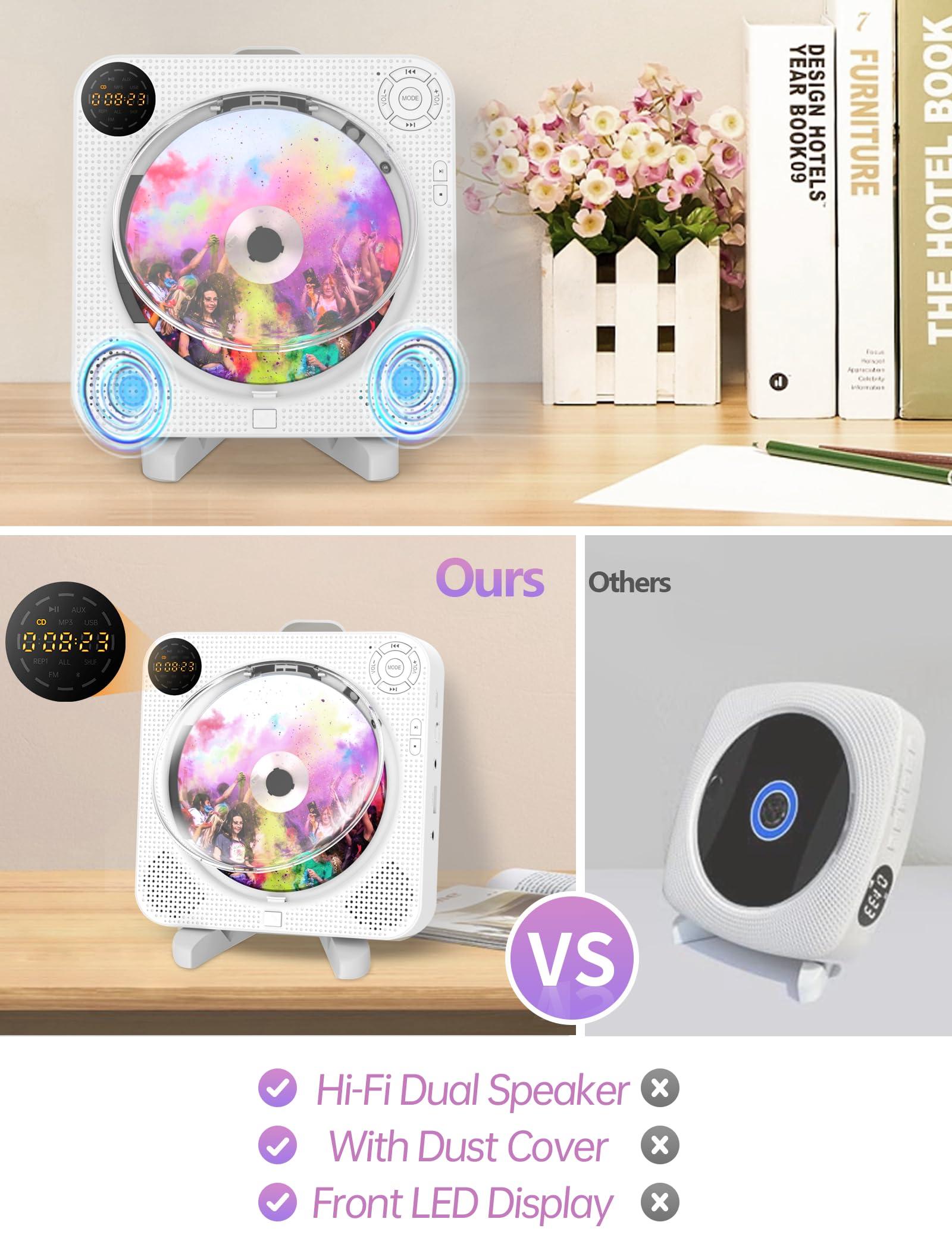 Desobry CD Player Portable, Bluetooth CD Player with Speakers DESOBRY Small CD Player for Home with Remote Control FM Radio Digital Screen Headphone Jack, Wall CD Player Support AUX in Cable&USB, White