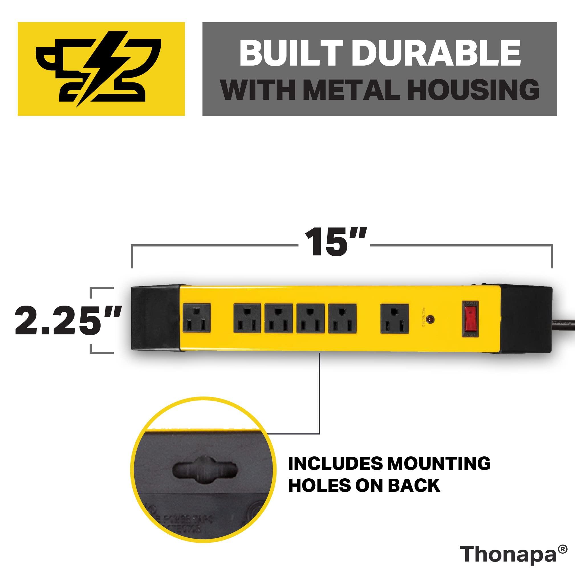 Thonapa Thonapa Heavy Duty Surge Protector Power Strip 6 Outlets, 14/3 SJT 9 ft Heavy Duty Extension Cord 3 Prong, Industrial Power Strip Black & Yellow Metal Surge Suppressor, ETL Listed