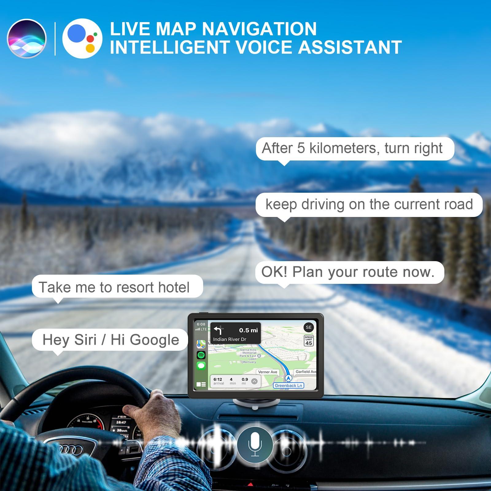 Aonerex Car GPS Navigation Compatible Wireless Apple CarPlay Android Auto 9\" HD Touch Screen, Portable Bluetooth GPS Navigation Mirror Link Music Video Player Airplay/Siri/AUX/Android