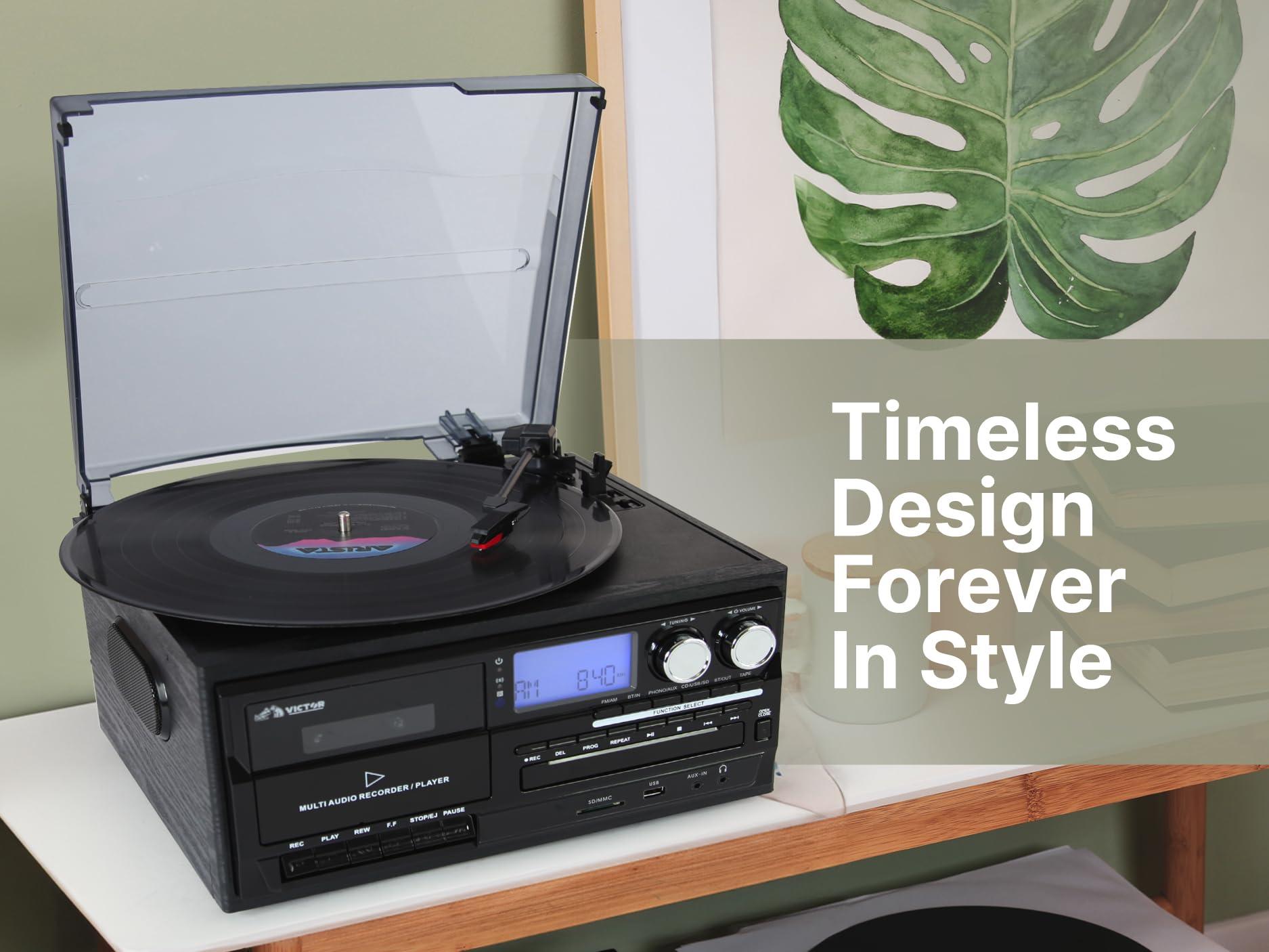 VICTOR Victor VWRP-4200 Cosmopolitan 8-in-1 Turntable Music Center with 3-Speed Record Player, CD/MP3/Cassette Player, AM/FM Radio, Dual Bluetooth in & Out, USB Playback & Recording